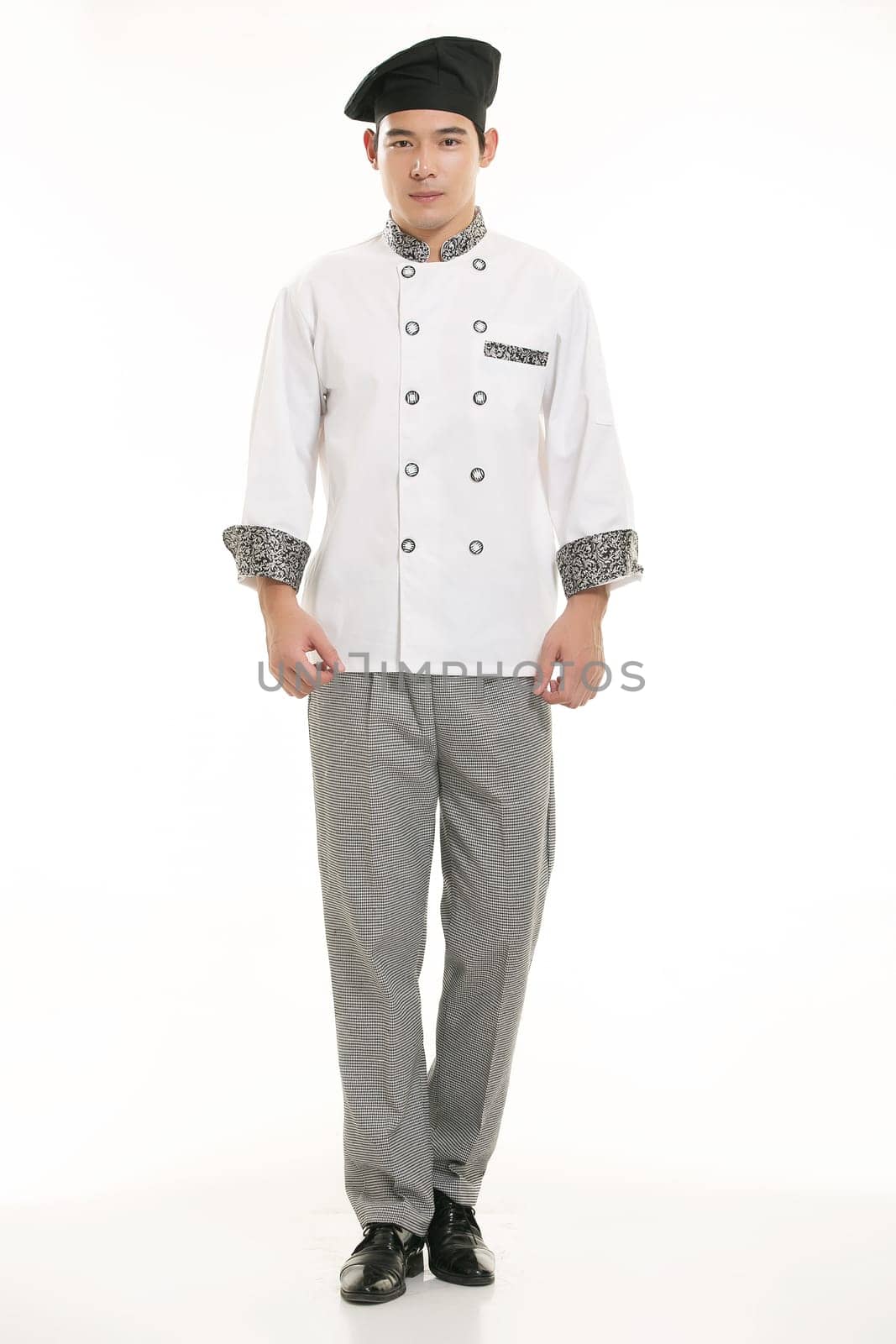 Wearing all kinds of clothing chef dietitian in front of white background