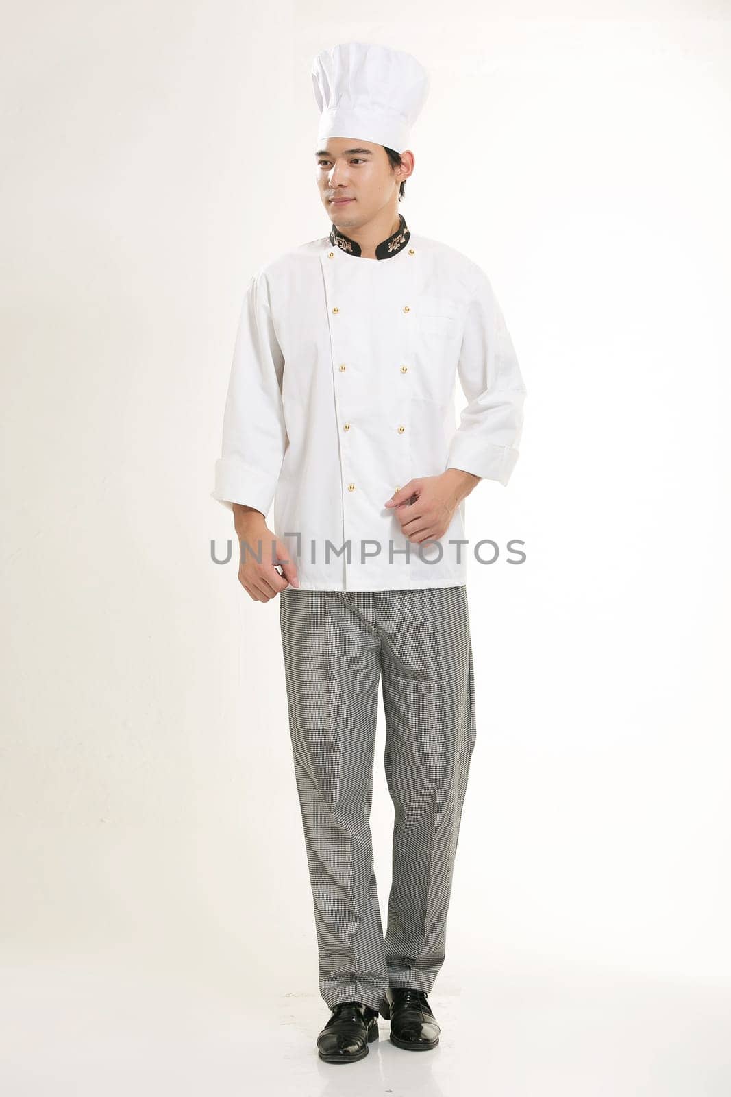 Wearing all kinds of clothing chef dietitian in front of white background