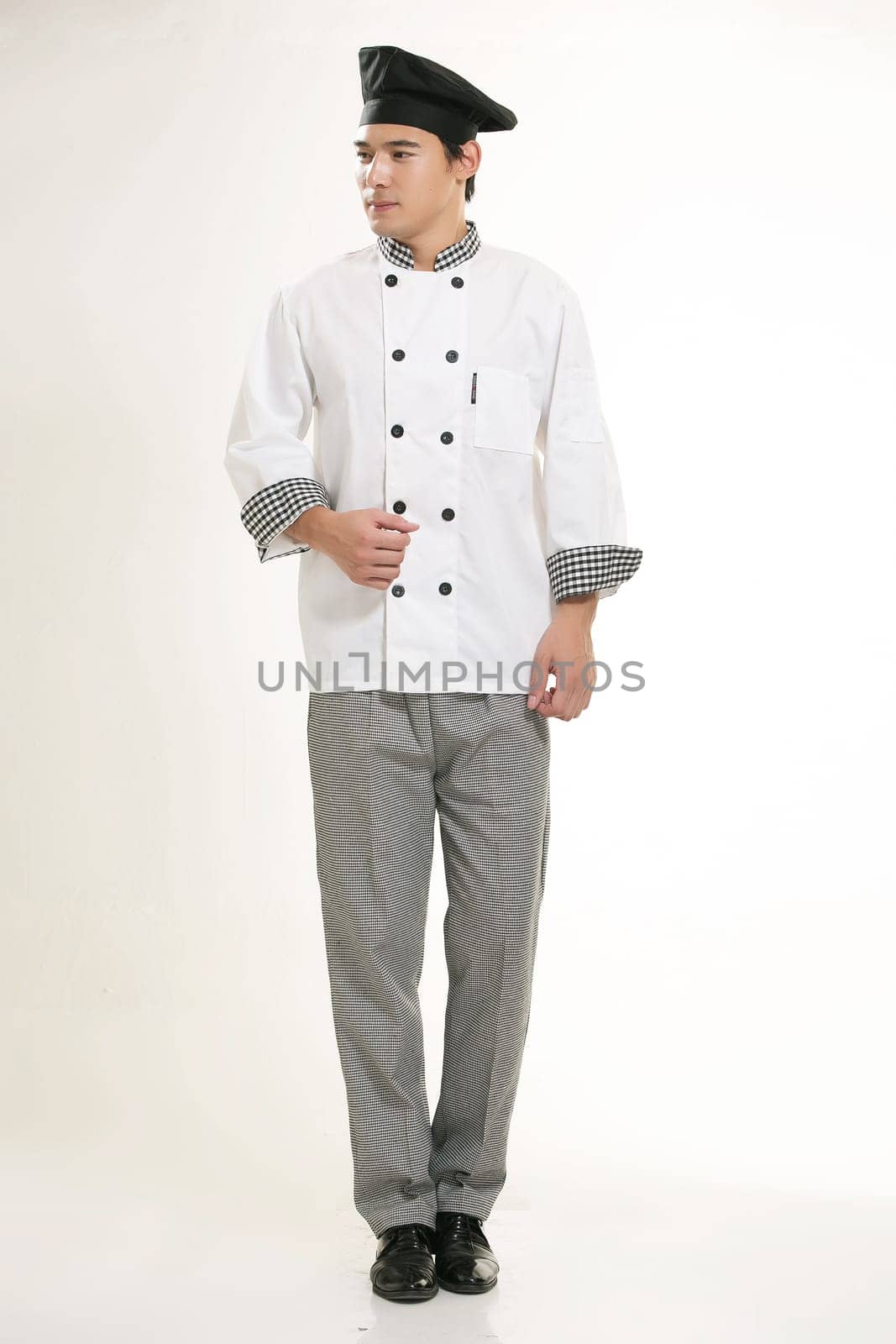 Wearing all kinds of clothing chef dietitian in front of white background