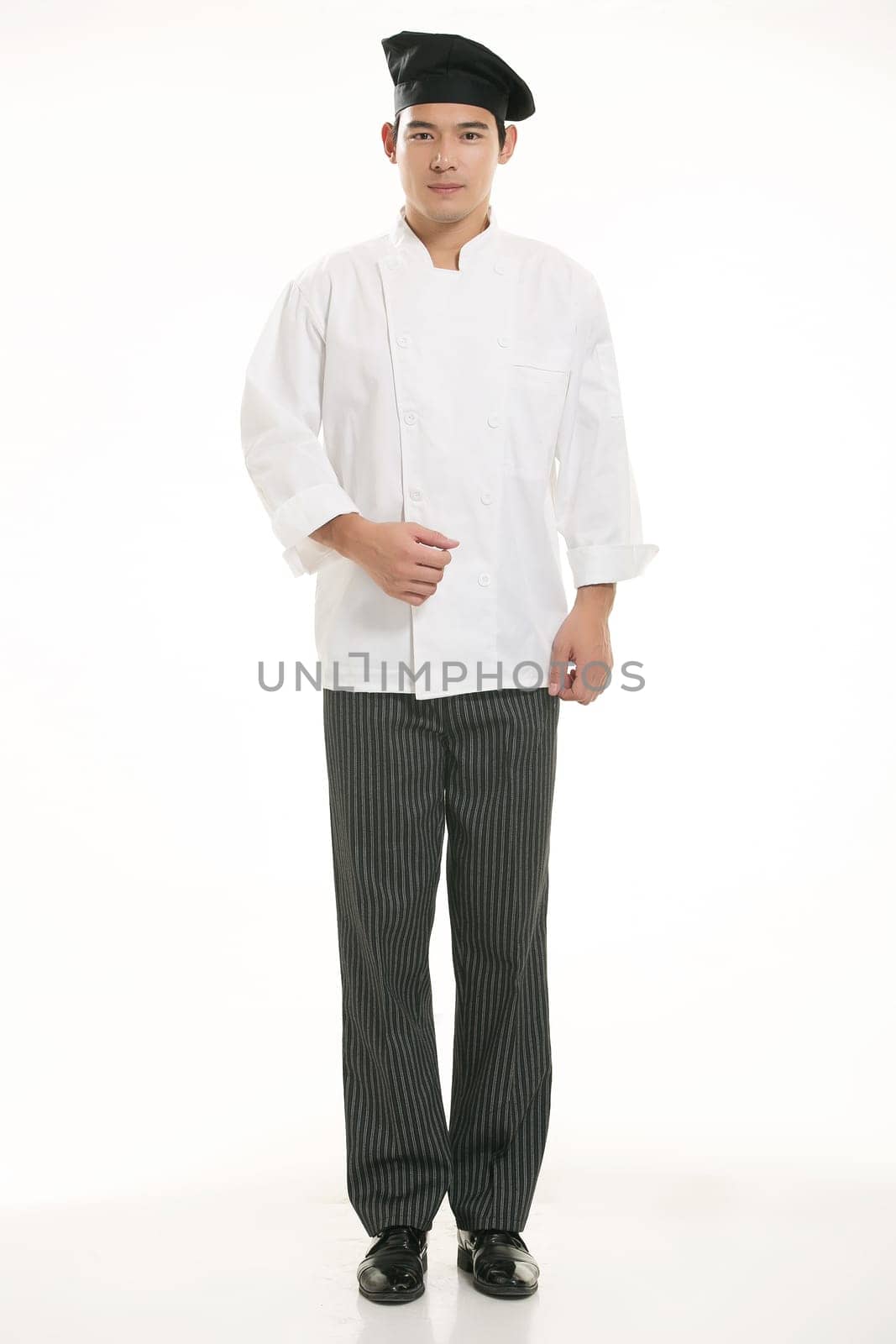 Wearing all kinds of clothing chef dietitian in front of white background