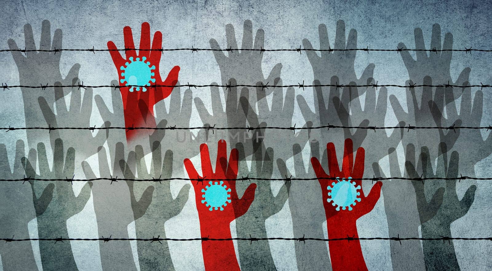 Silhouettes of hands, three are red colored, infected with Covid-19, crowd with healthy and sick people behind barbed wire fence, 3d illustration