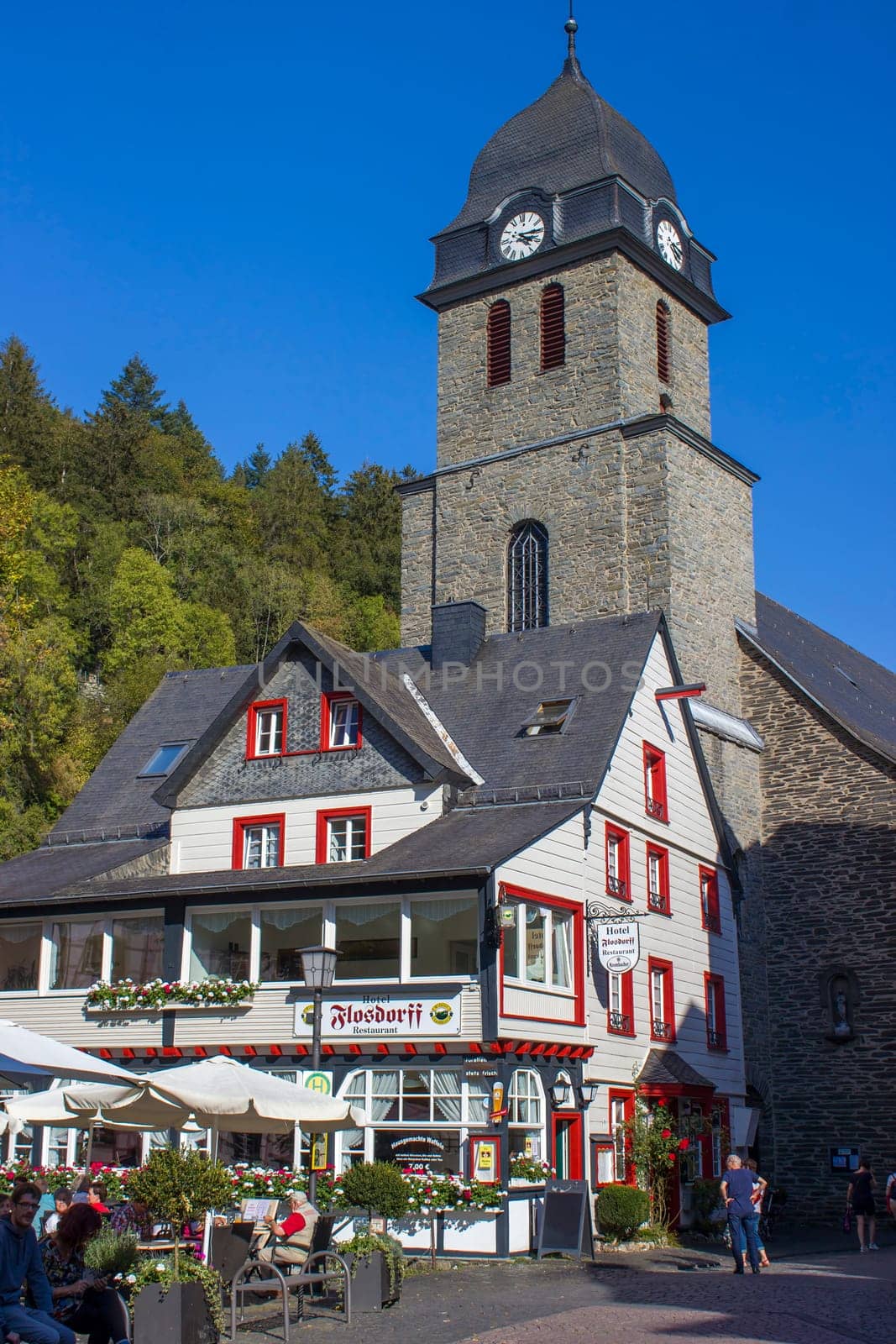 MONSCHAU, GERMANY - SEPTEMBER 22, 2020: small town Monschau with unidentified people. The historic town center has many half-timbered houses and narrow streets remained nearly unchanged for 300 years