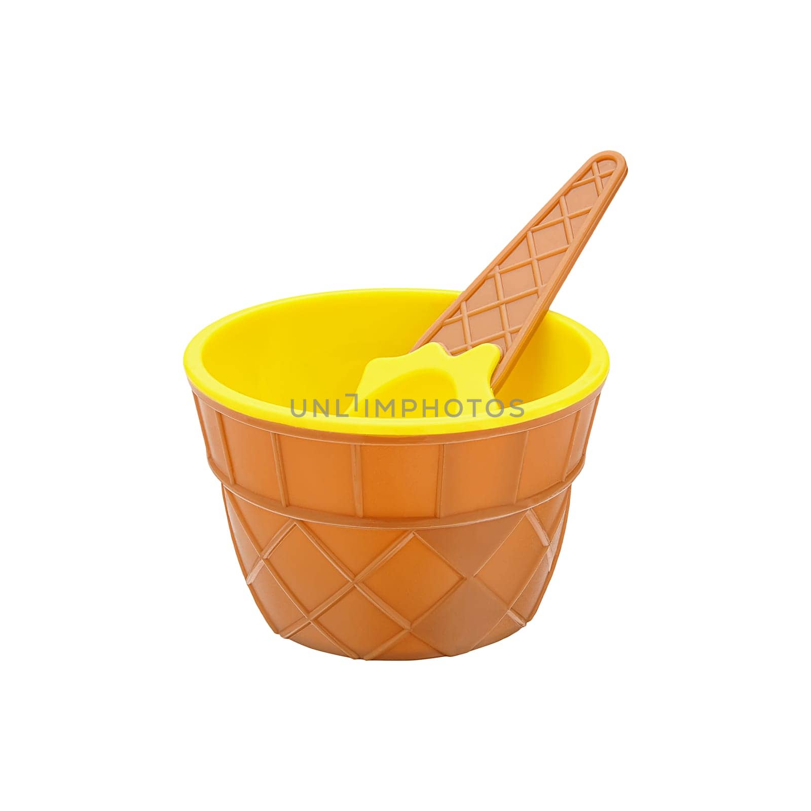Empty open plastic ice cream cup without cover with spoon inside isolated side view