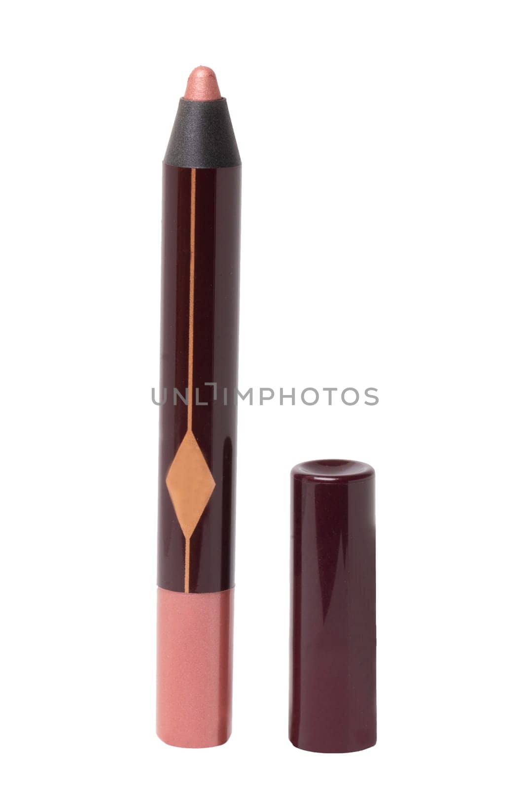 Cosmetic tools. Macro shot of a black red permanent eyeliner or eye contur pencil isolated on a white background. Beauty concept. Macro.