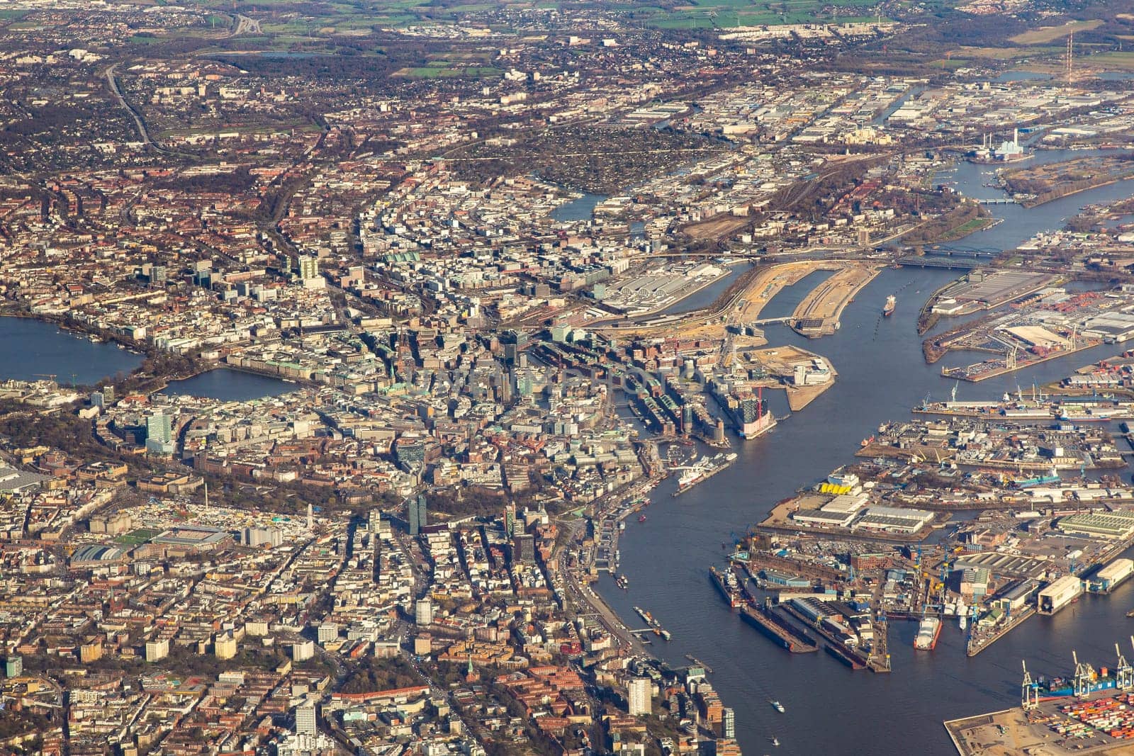aerial of Hamburg harbor with river Elbe and docks