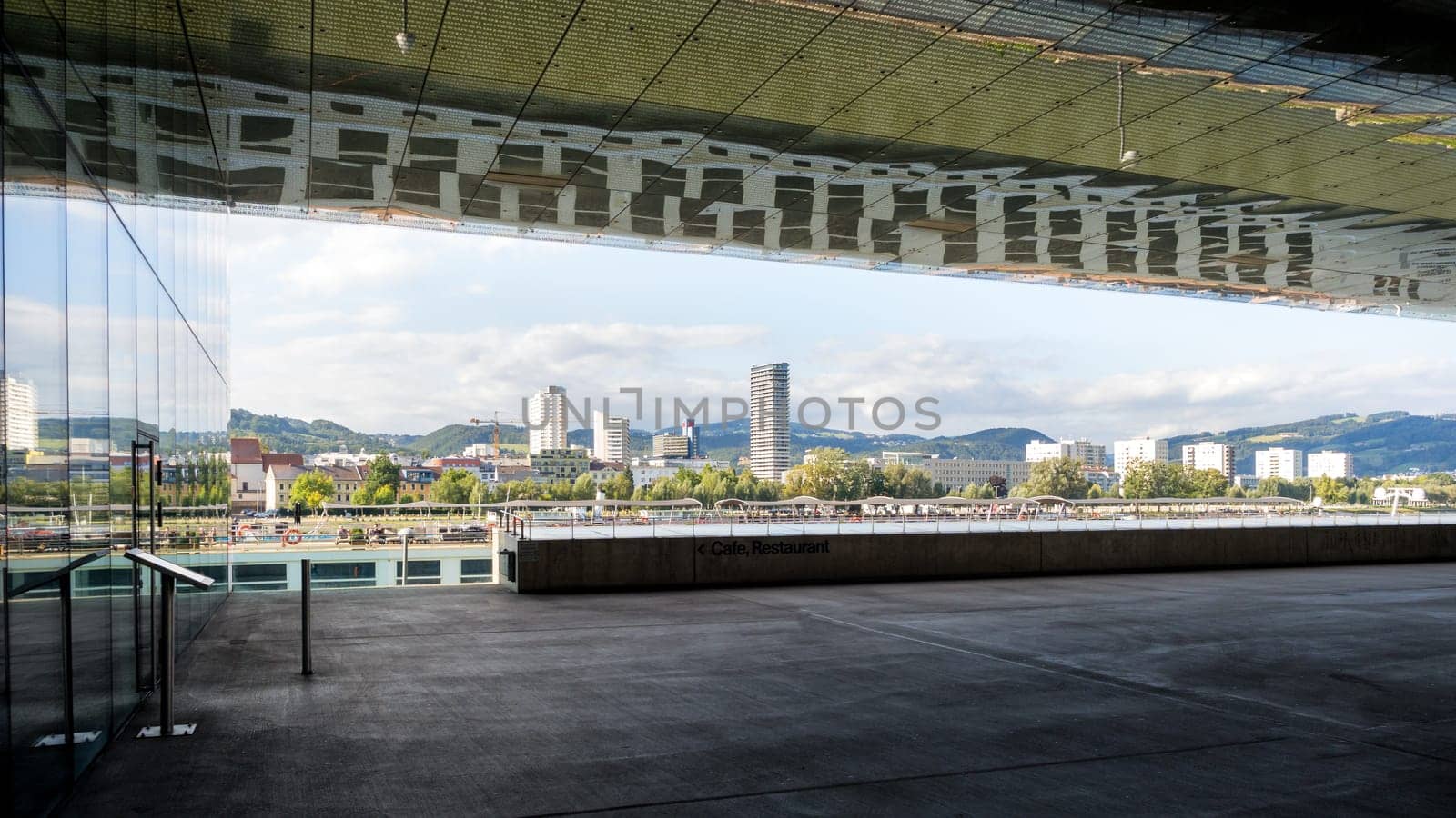 Linz Austria Lentos Art Museum with Shore of Linz Urfahr on the Danube River