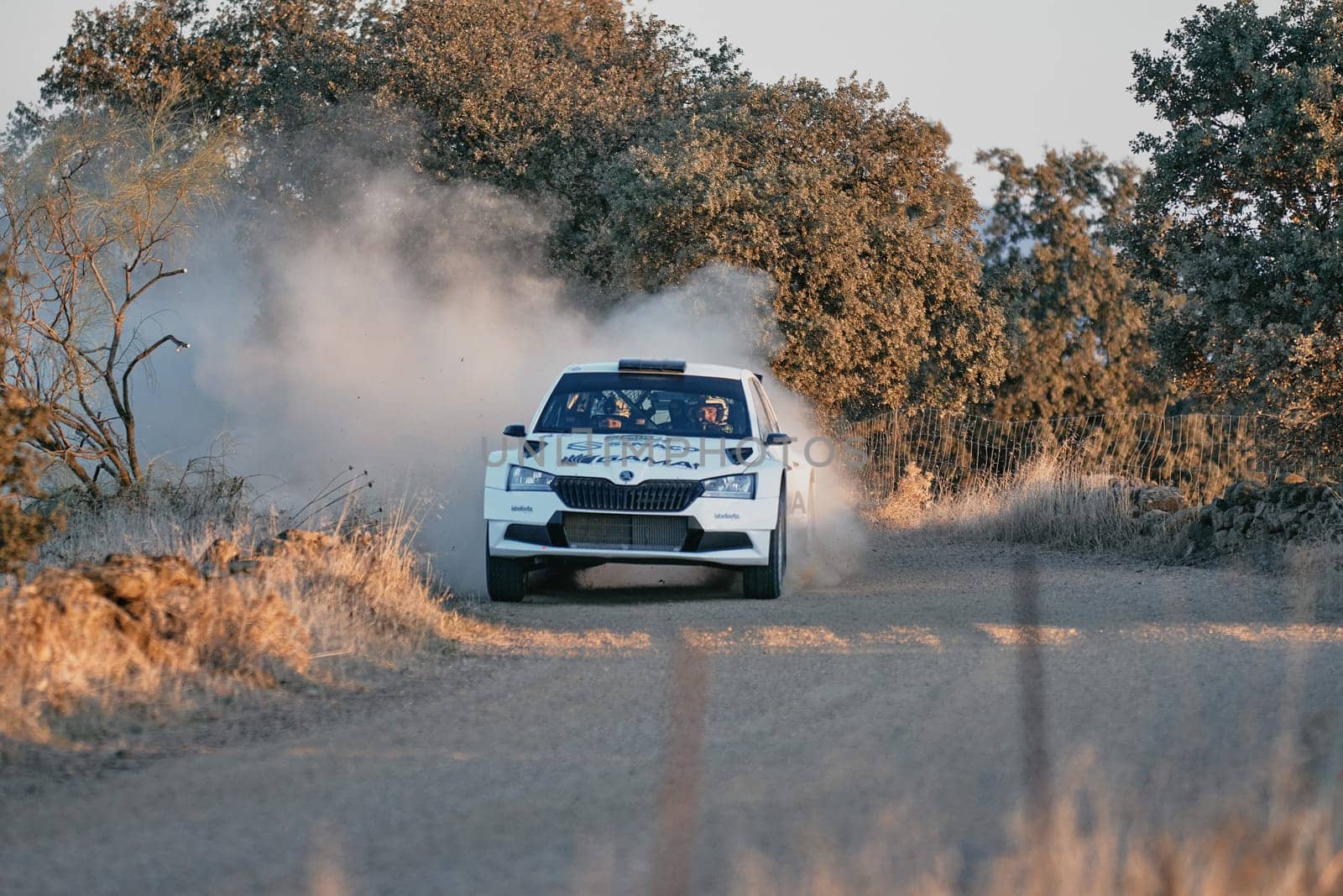 Pozoblanco, Cordoba, Spain-october, 23, 2021: rally cars in full competition going through the first stage