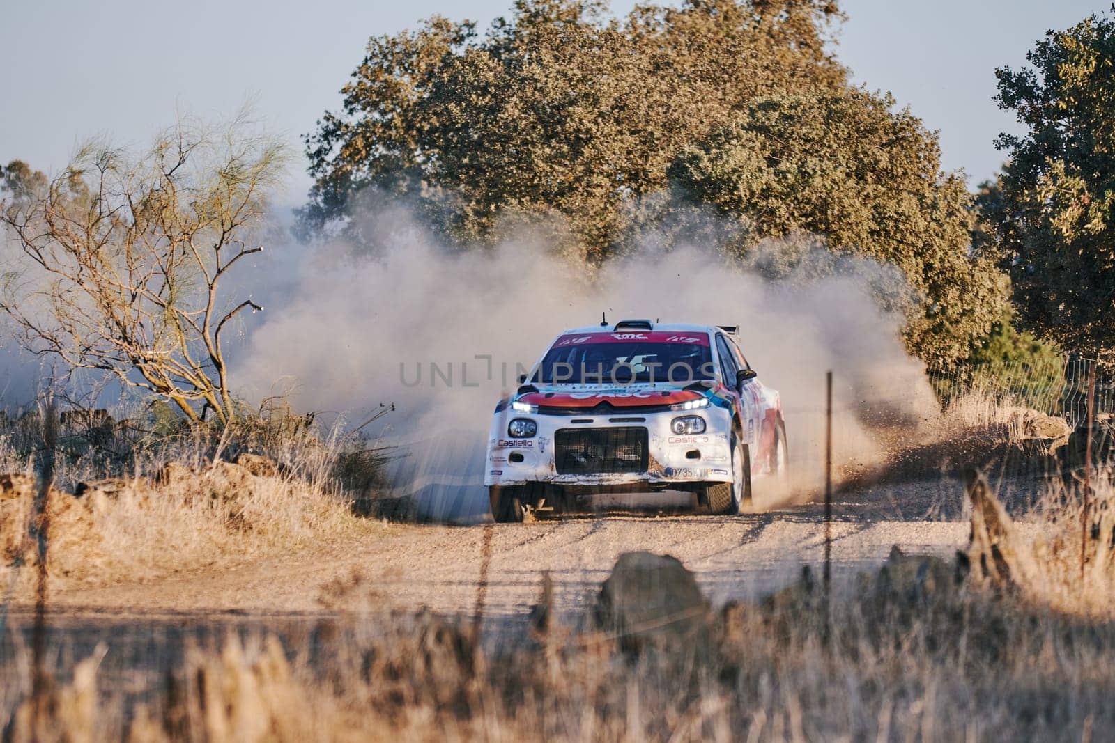 Pozoblanco, Cordoba, Spain-october, 23, 2021: rally cars in full competition going through the first stage