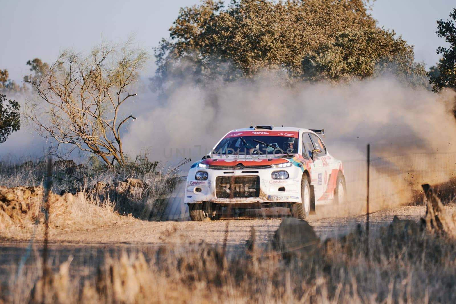 Pozoblanco, Cordoba, Spain-october, 23, 2021: rally cars in full competition going through the first stage