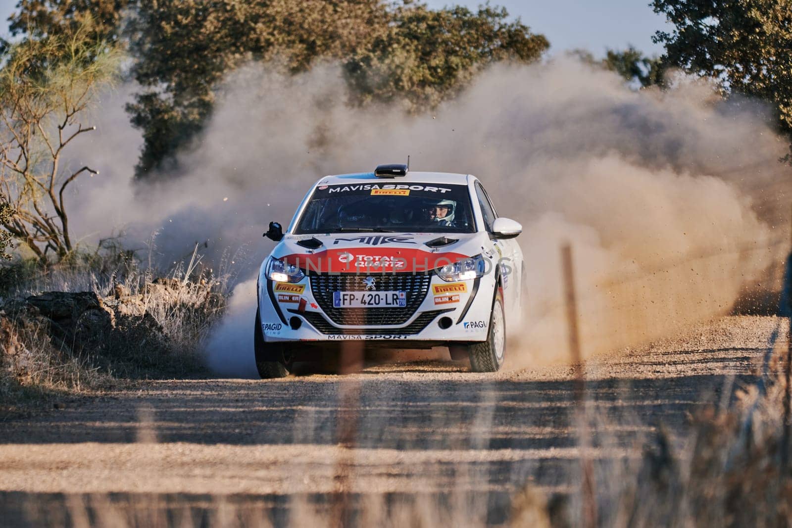 Pozoblanco, Cordoba, Spain-october, 23, 2021: rally cars in full competition going through the first stage