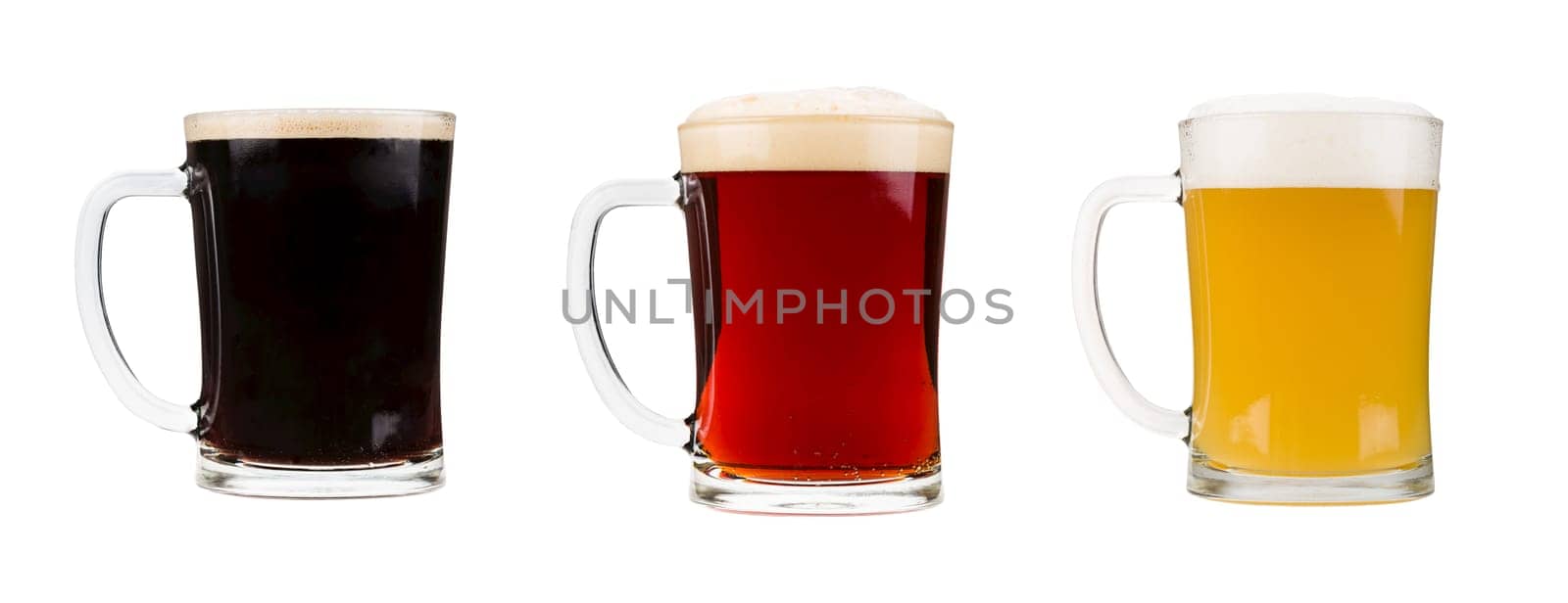 Beer glasses isolated on white background. Mugs filled with red, dark and blond beer with bubbles and foam. Graphic design element for brewery ad, beer garden poster, flyers, printables.