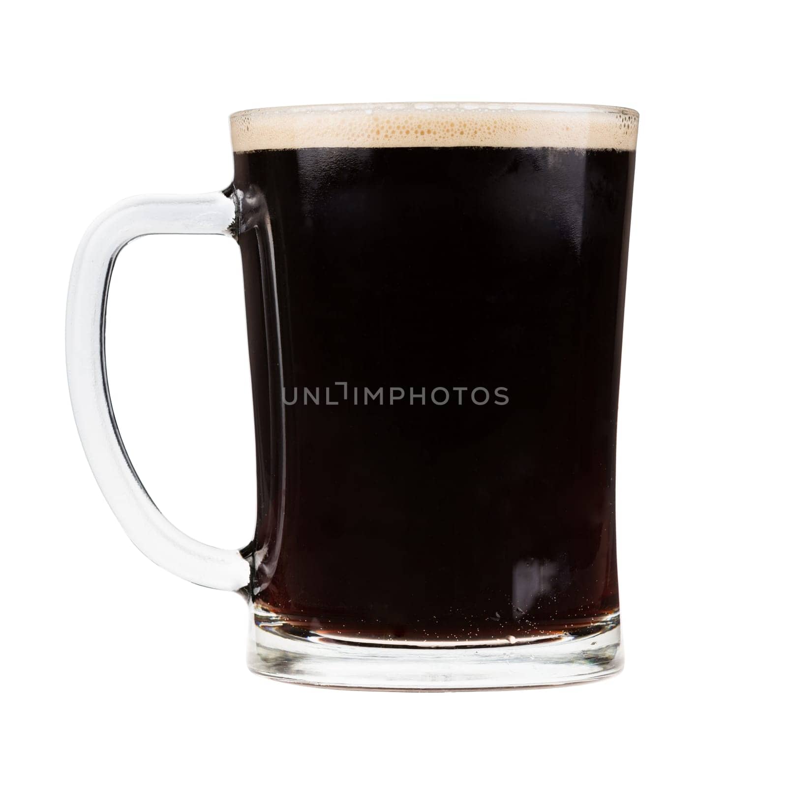 Glass mug filled with dark stout beer