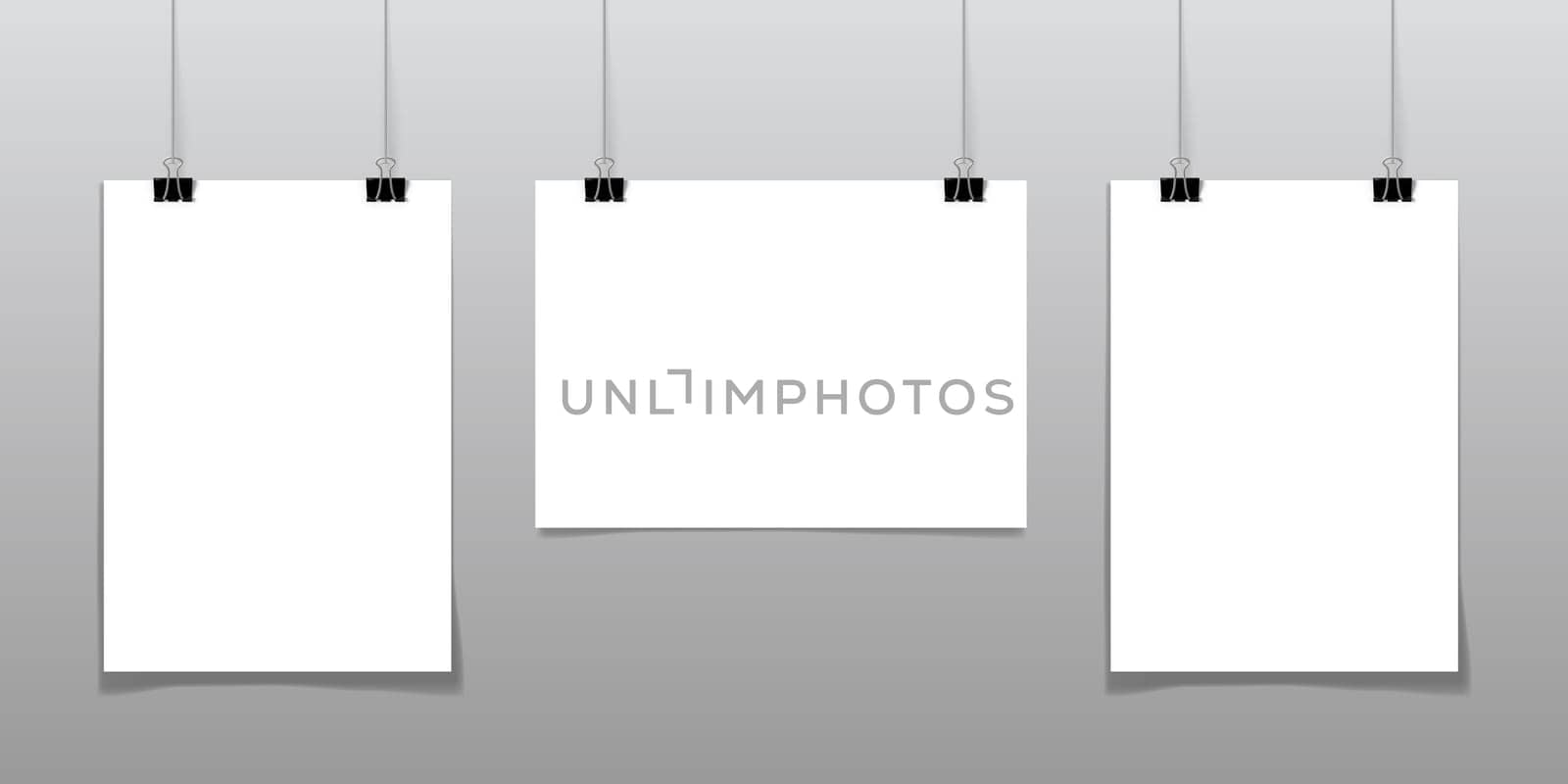 Set of 2 blank posters hanging on a thread with black clipsagainst a wall as a minimalistic style portfolio, gallery presentation concept. 3d illustration