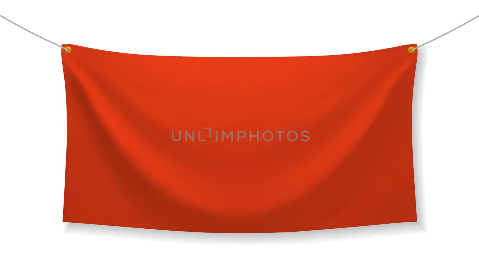 Red fabric banner with folds and transparent shadow isolated on white background. Blank hanging textile template. Empty mockup. Vector illustration