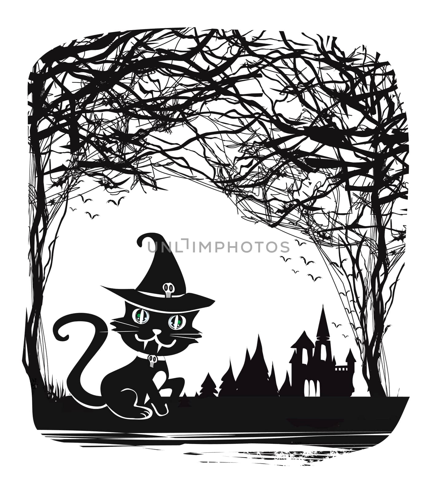 Halloween witch black cat - black and white illustration