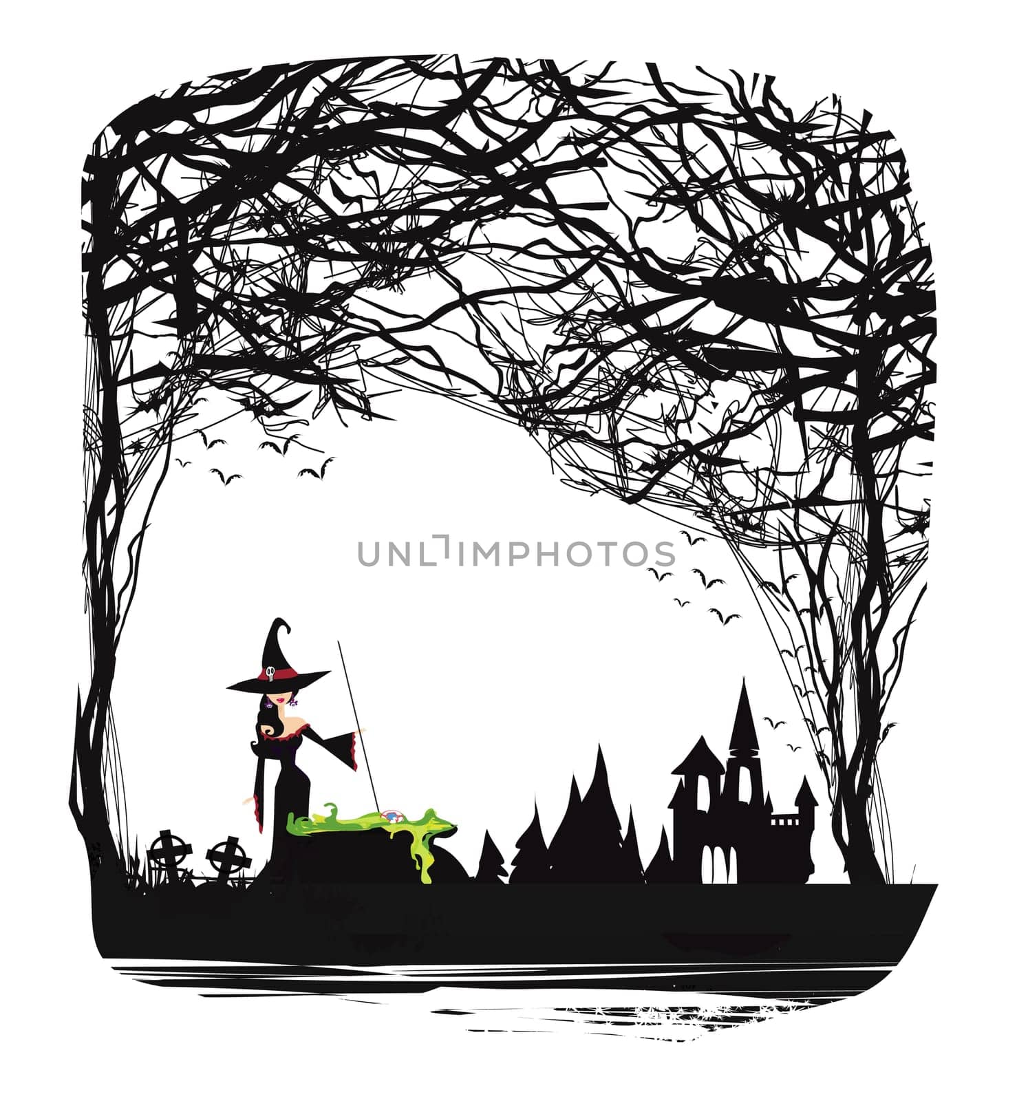 Halloween night frame with scary haunted castle and a witch preparing poison