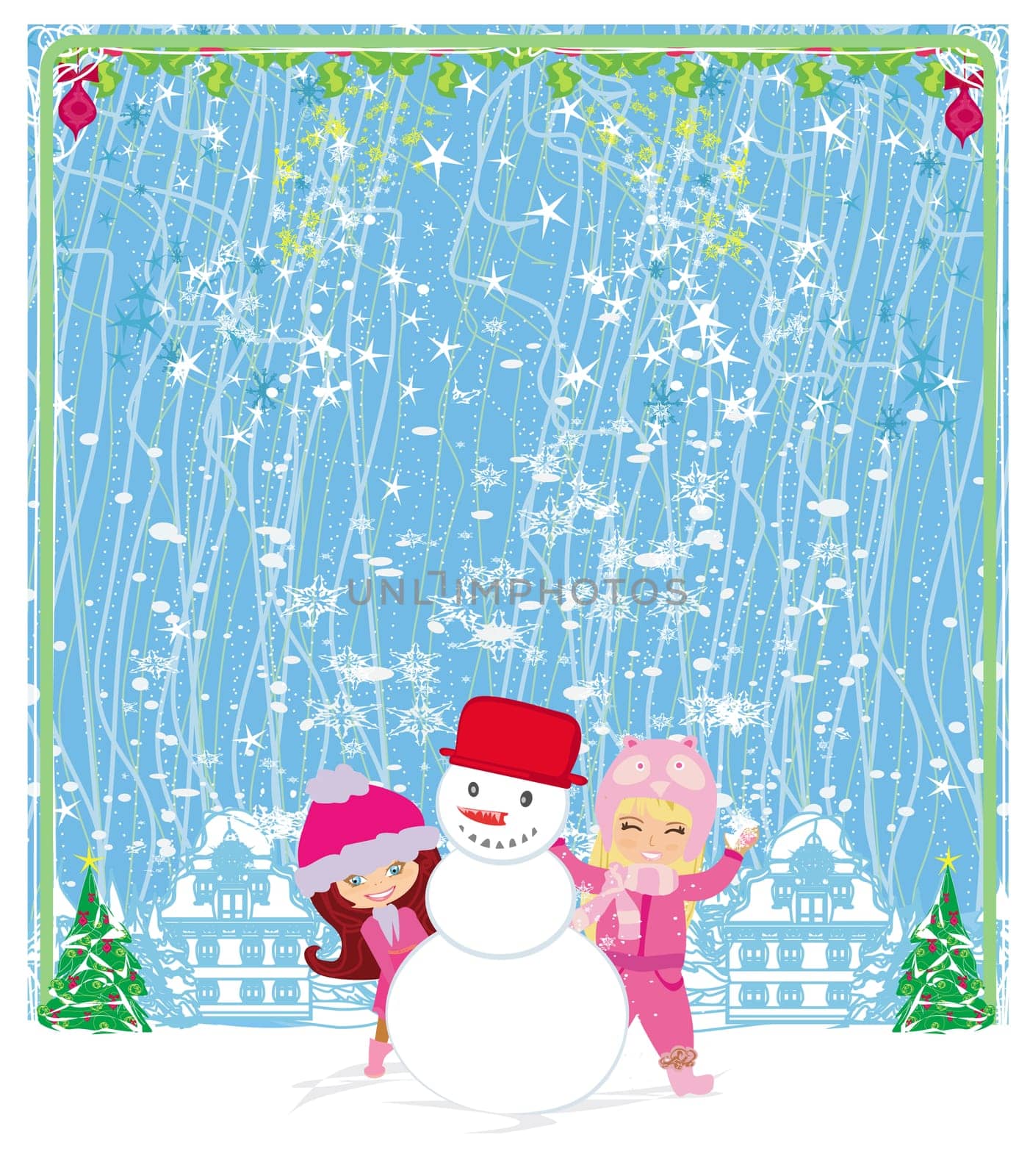 happy girls make a snowman on a beautiful winter's day