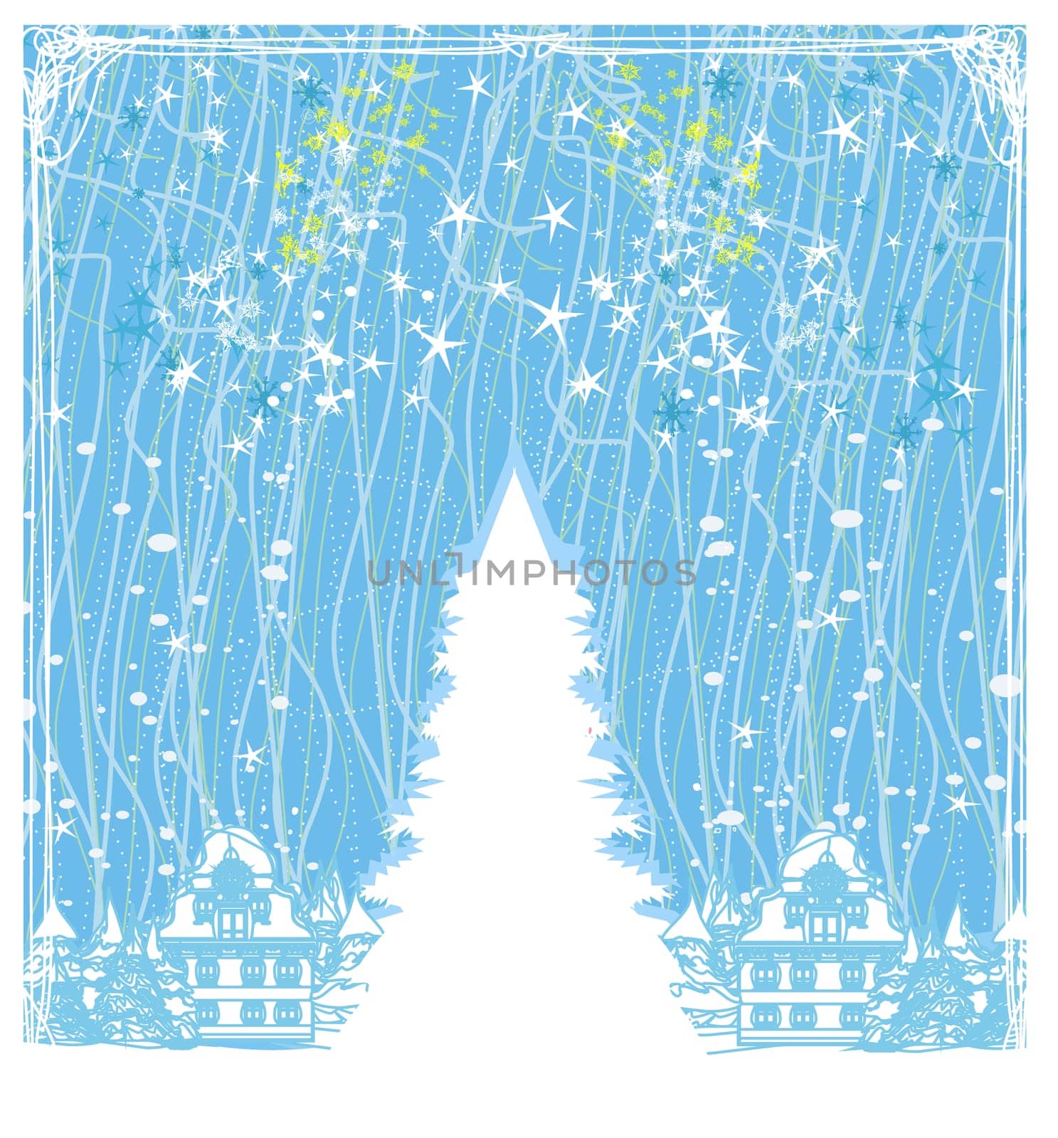 holidays in the village, card with winter landscape