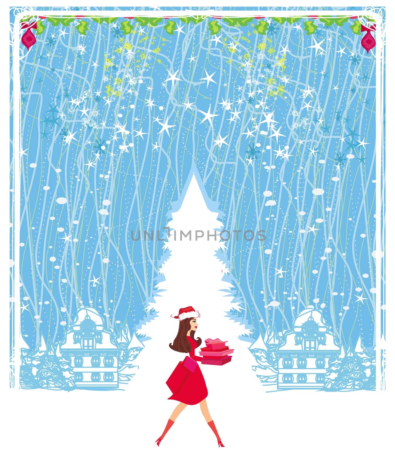 Winter girl with gift box, holiday sale card