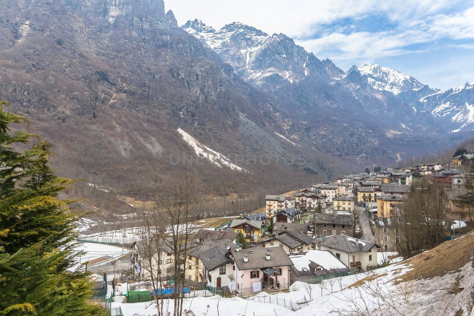 Valbondione is a mountain village at the end of the Seriana valley in the area of Bergamo, ITALY. Valbondione (BG), ITALY - March 11, 2021.