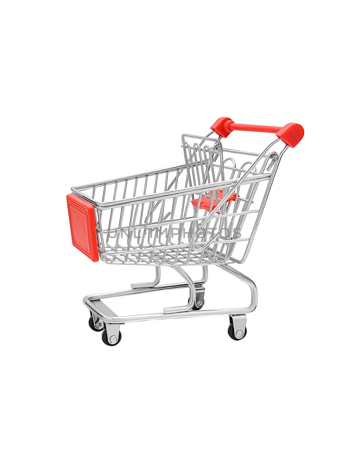 Decorative shiny chrome metal supermarket shopping empty trolley on wheels left side view isolated