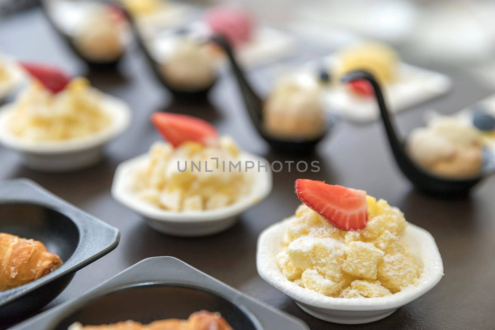 Collection of delicious assorted mini dessert. Wedding catering.