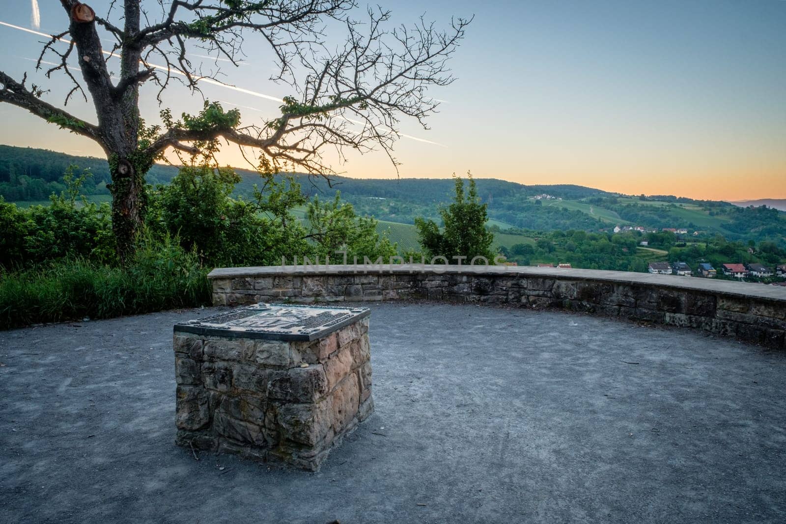Lookout with commemorative plaque at a south german landscape