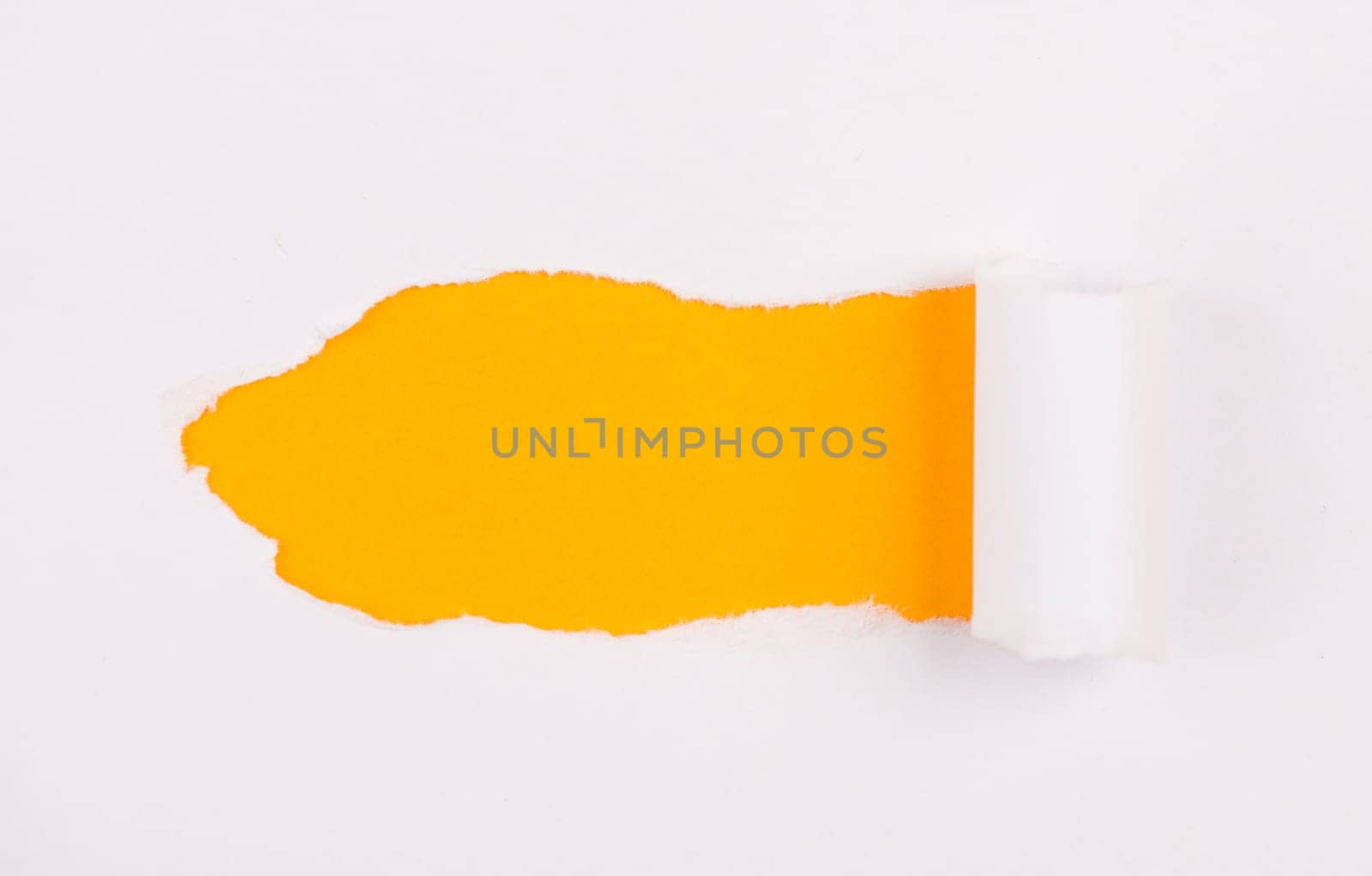White torn paper, orange background, empty copy space, ripped sheet