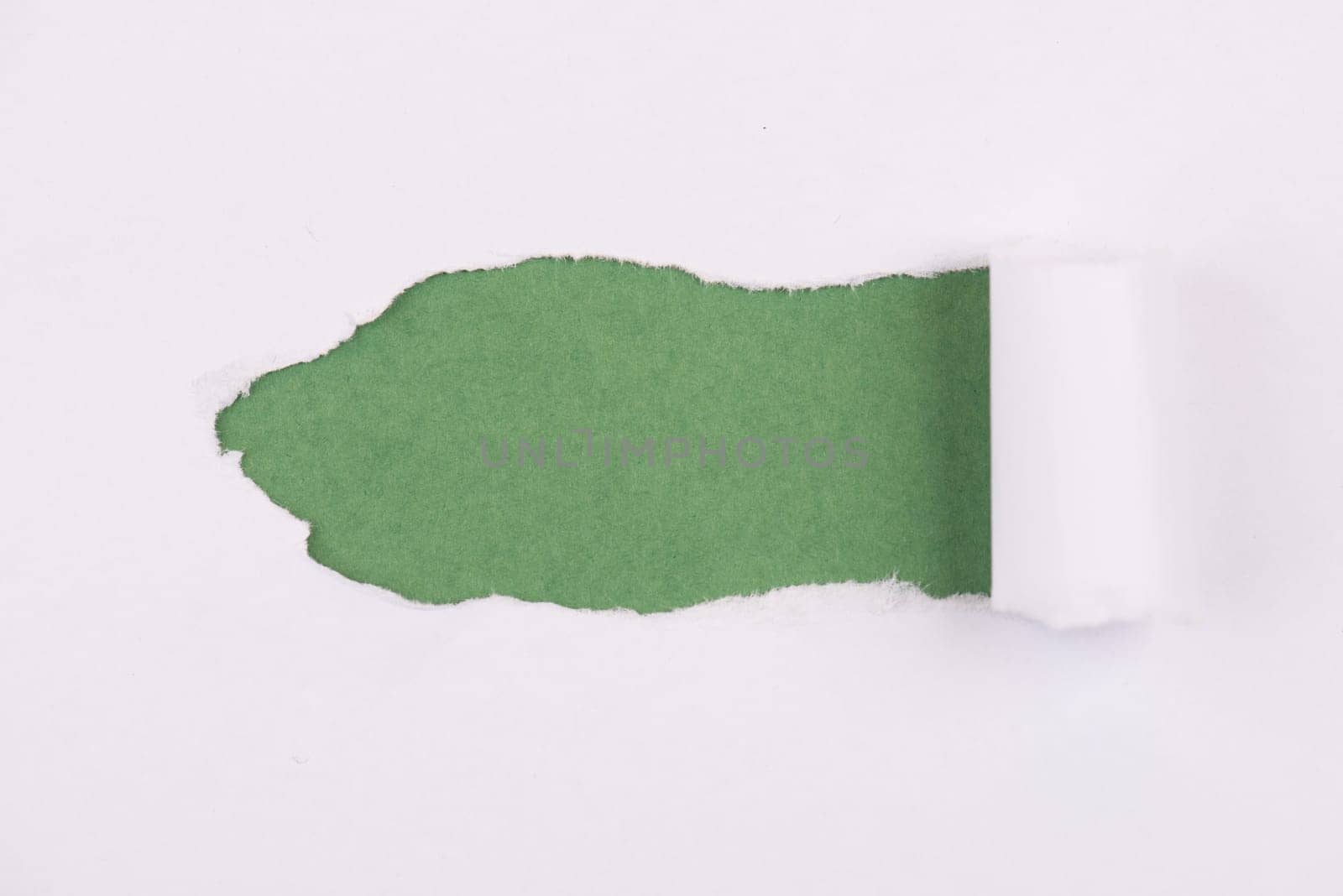 White torn paper, green background, empty copy space, ripped sheet