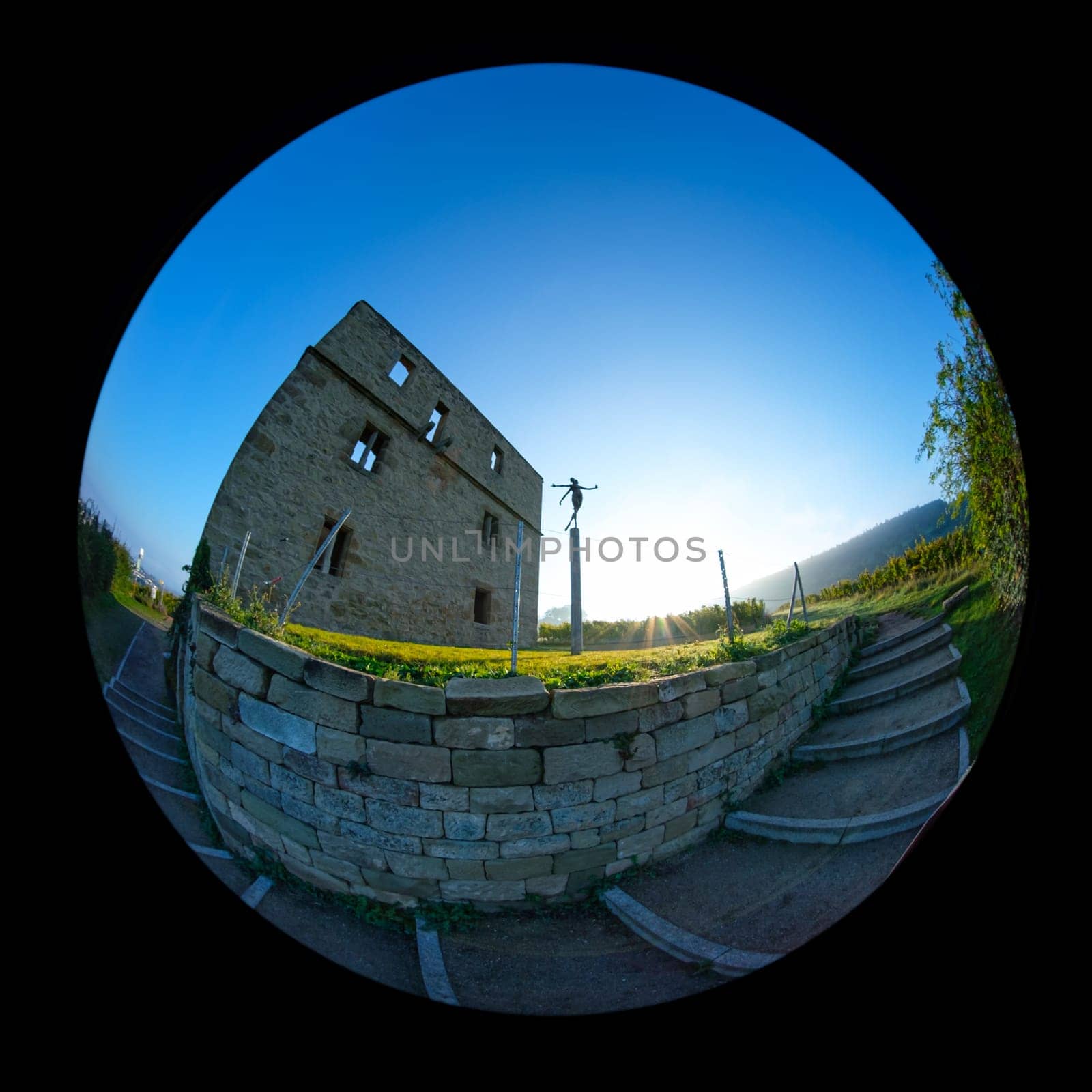 Stone stairs of ancient german castle yburg with fish-eye distortion