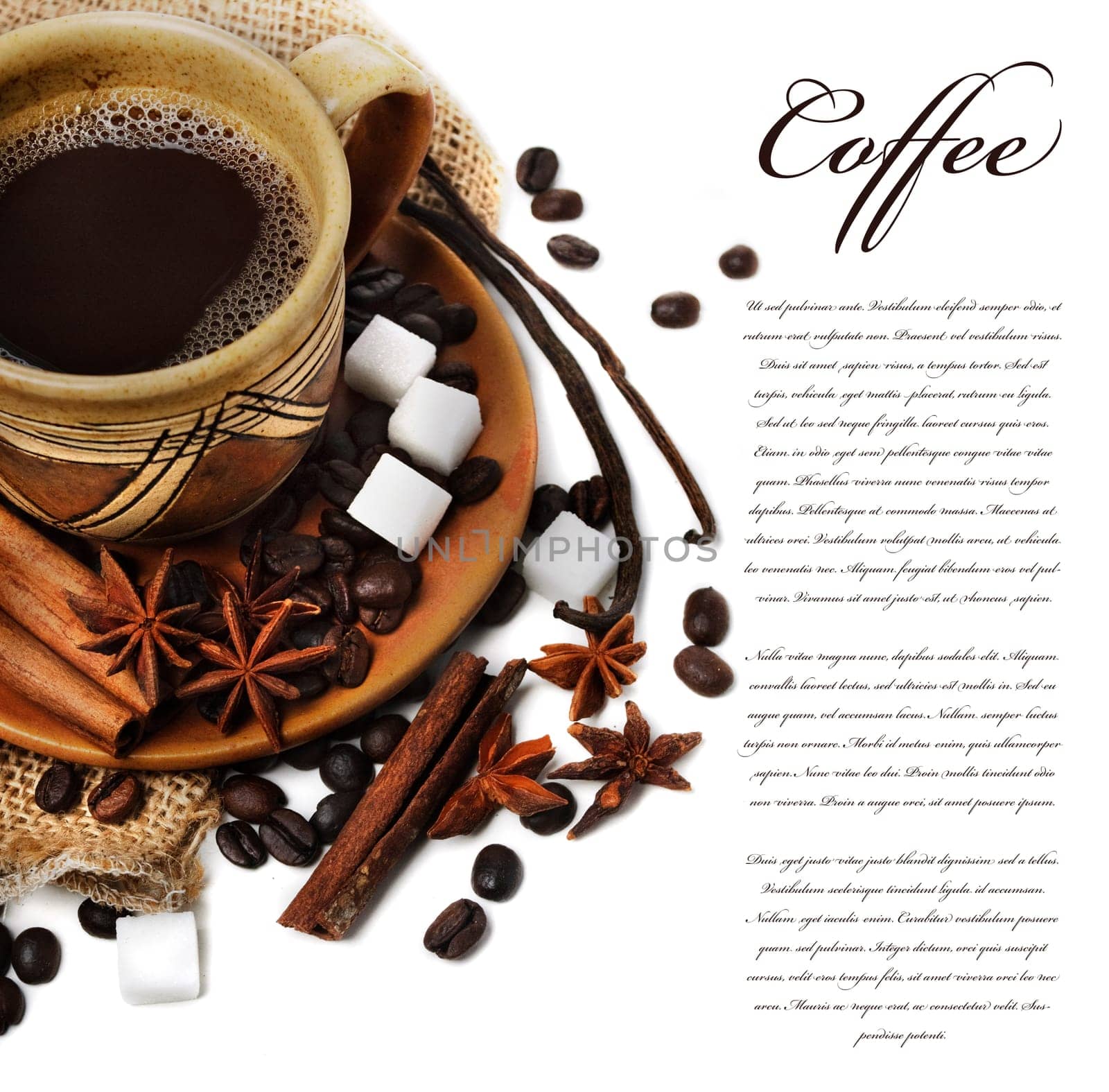 Coffee cup with vanilla, cinnamon, anise seed and sugar