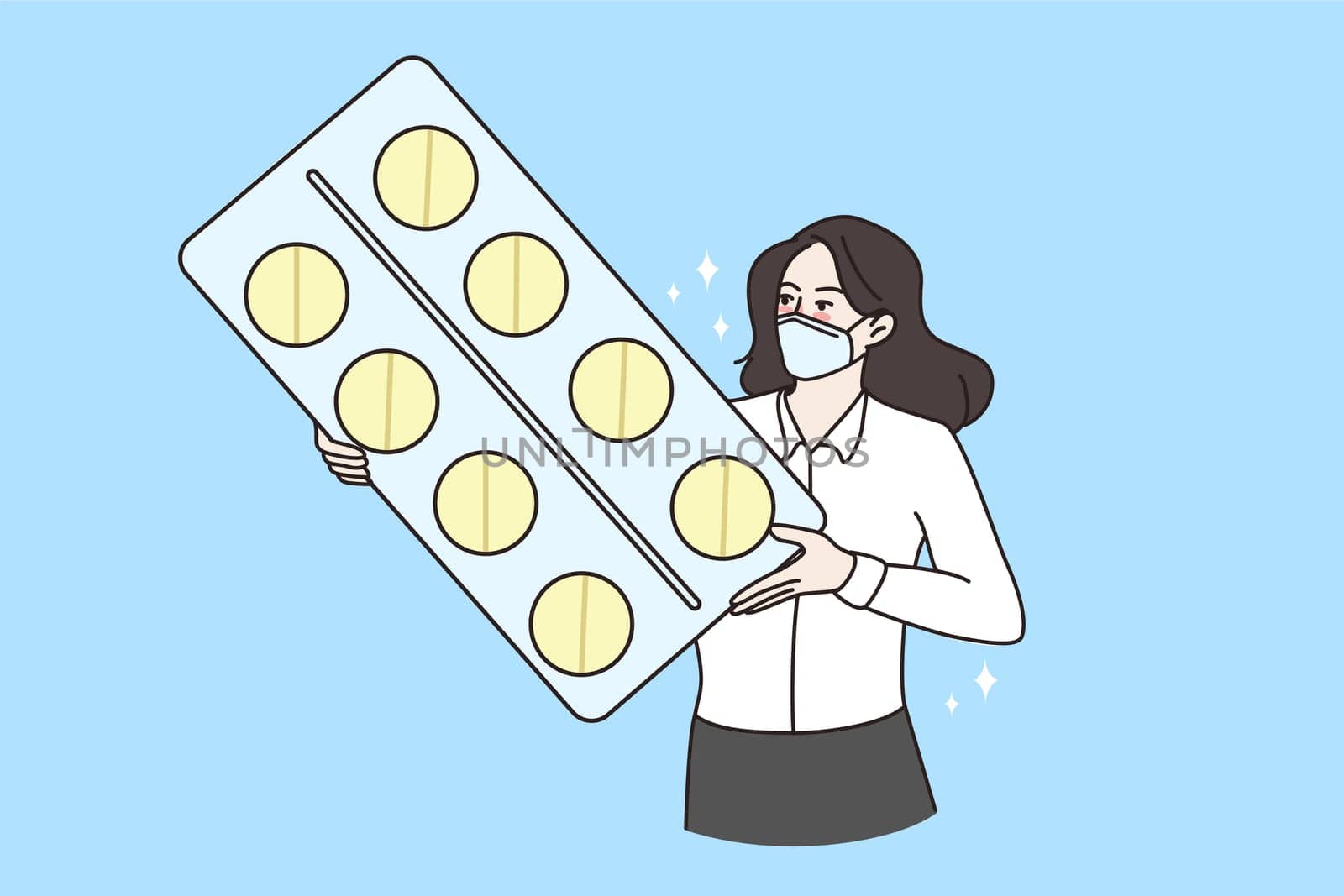 Young woman in facemask hold pills in hands protect from covid-19 pandemics. Sick ill female in facial mask with tablets medication against corona virus. Medicine, healthcare. Vector illustration.