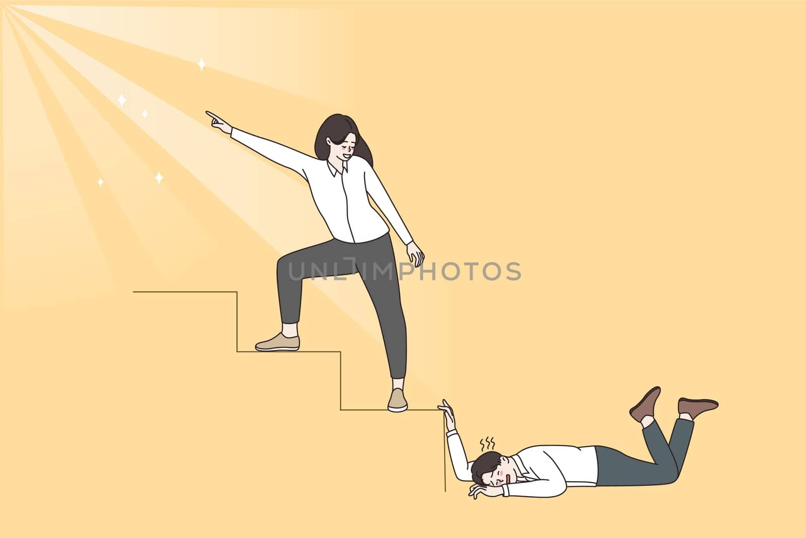 Motivated ambitious happy person reach goal, tired lazy distressed colleague lose hope stay behind. People aim or purpose achievement ways. Weakness and strength. Flat vector illustration.