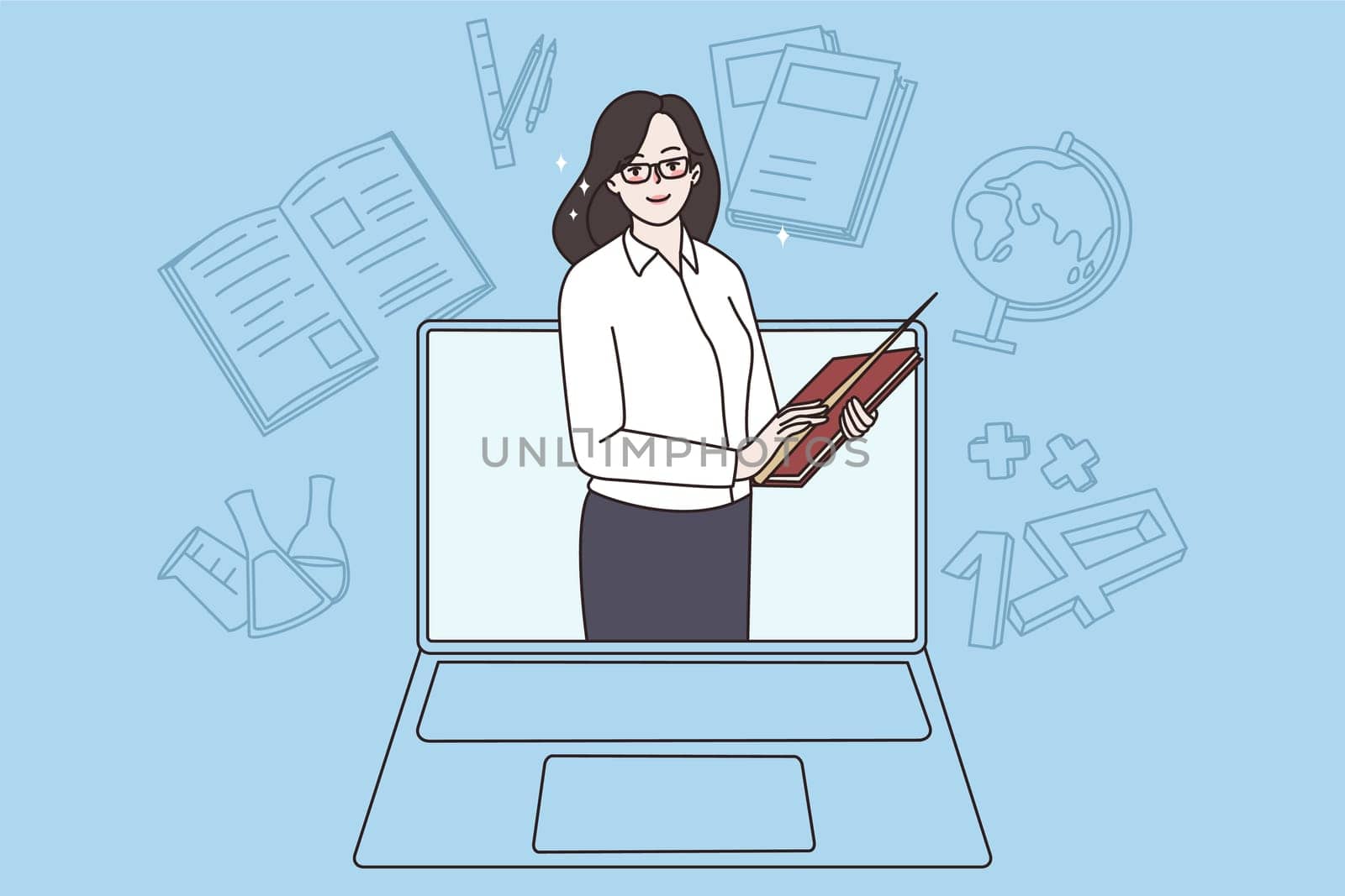 Smiling woman teacher on laptop screen teach student online on home lockdown or quarantine. Happy female tutor or coach have internet webcam class with pupil. Vector illustration. Education.