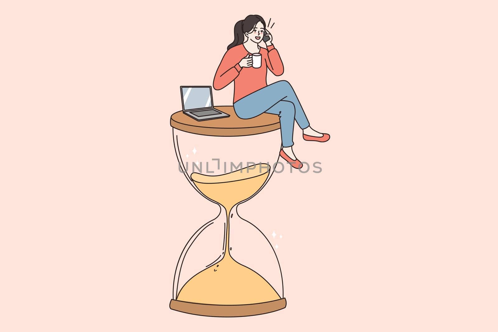 Smiling woman employee sit on huge hourglass work on computer talk on cellphone. Businesswoman distracted from laptop job drink coffee have phone call. Time waste. Vector illustration.