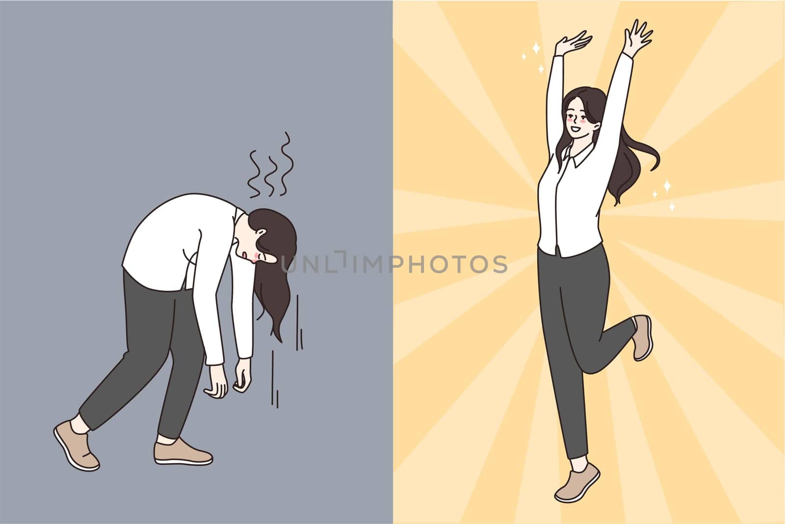 Businesswoman express different emotions, feel happy and motivated versus unhappy and stressed. Employee mood swings. Bipolar disorder, job burnout. Vector illustration, cartoon character.
