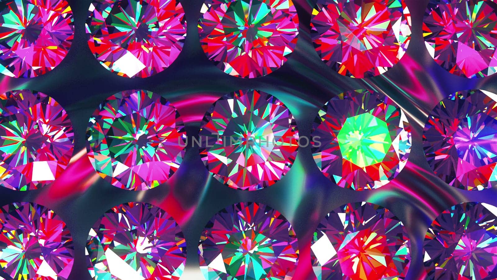Sparkling iridescent diamonds of fancy round cut style, slowly rotating. Computer generated 3d render. Luxury backdrop