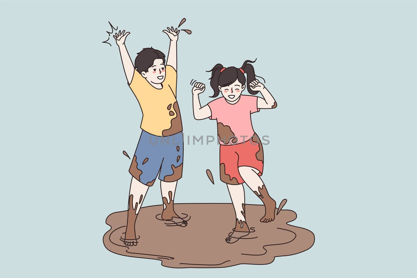 Happy small children jump in mud have fun outdoor. Smiling little kids play in dirty puddle in street. Manner and behavior, upbringing, childhood concept. Vector illustration, cartoon character.