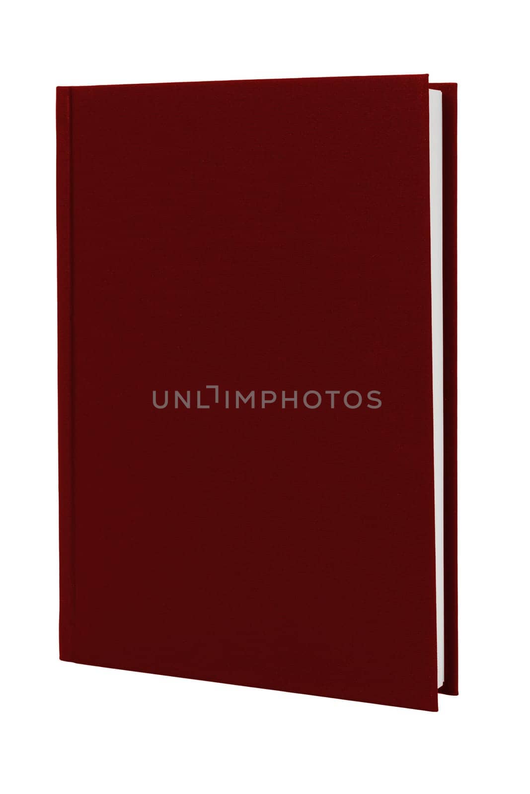 A red hardcover book upright on white with clipping path