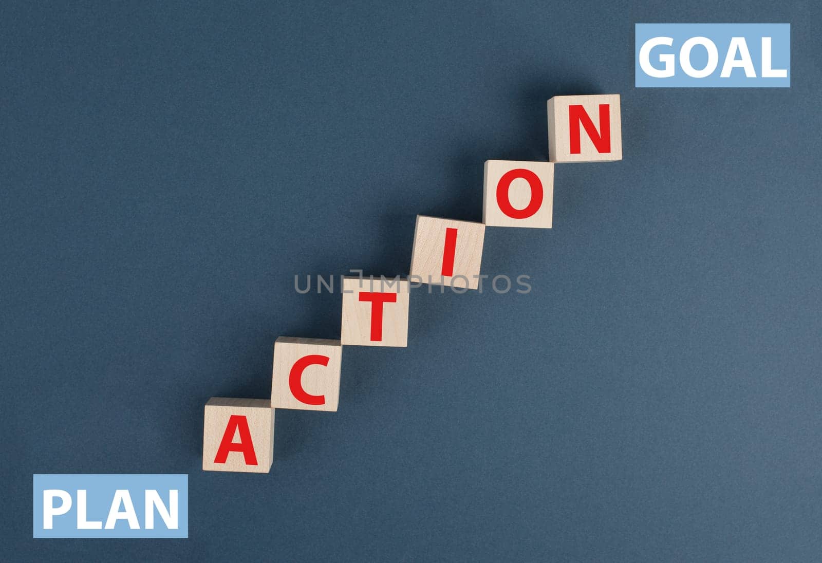 The word action is standing on wooden cubes, plan at the start, goal at the top of the stairs, words, blue background, symbol business concept