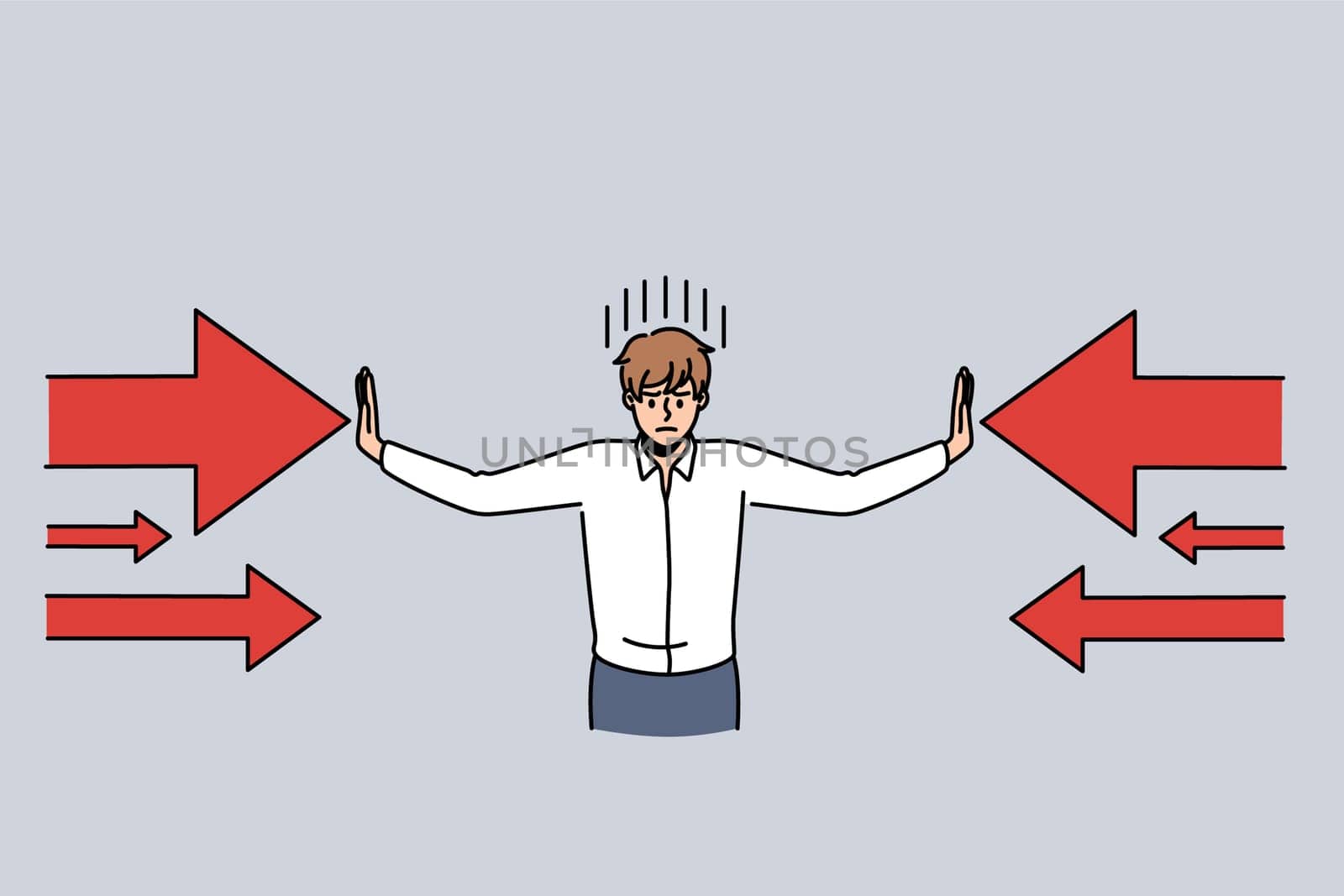 Business challenge and pressure concept. Young determined businessman cartoon character standing and defending himself from pressure both sides vector illustration
