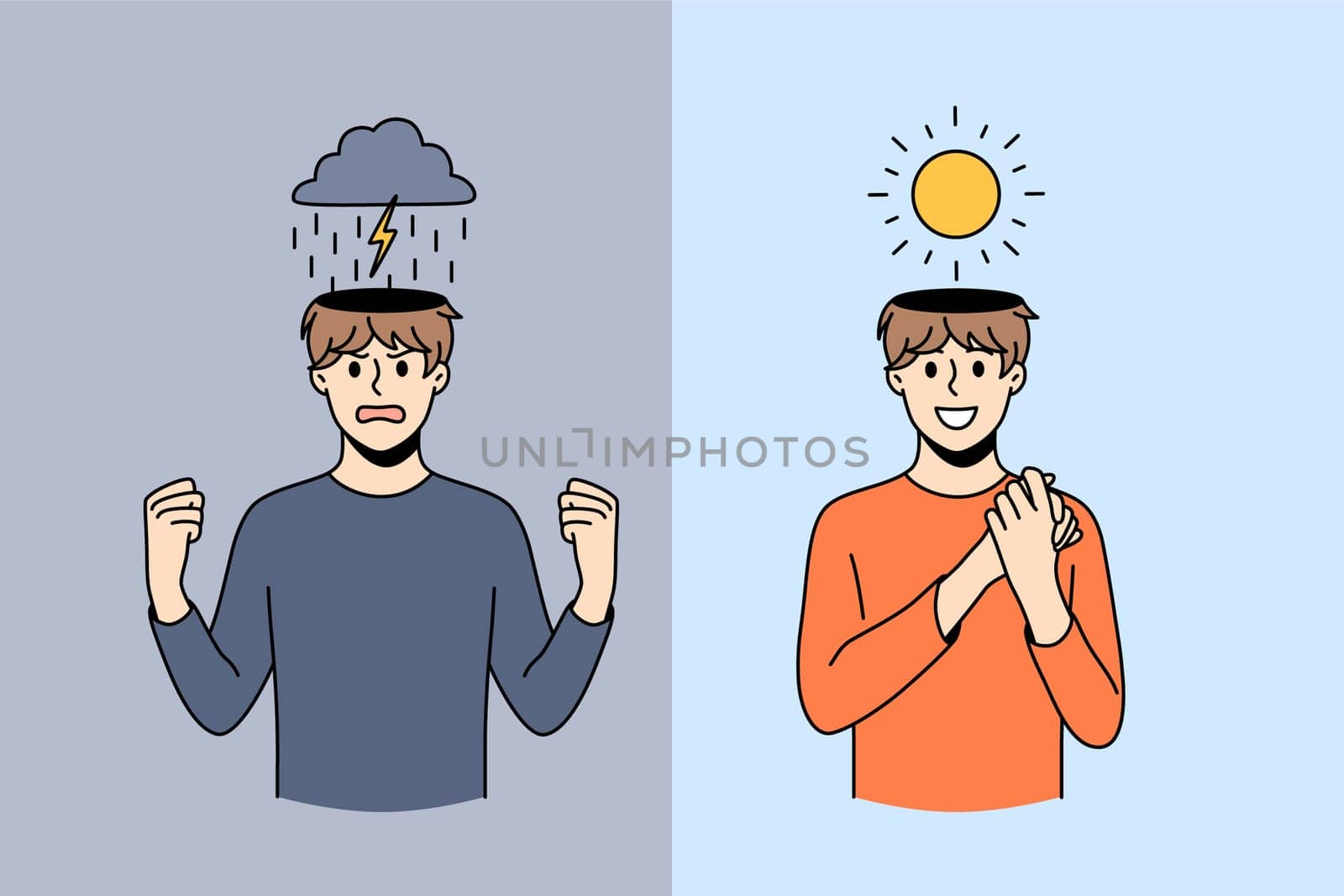 Contrasts of human mood concept. Young man cartoon character having angry furious mood with lightning and good positive with sun shining above vector illustration
