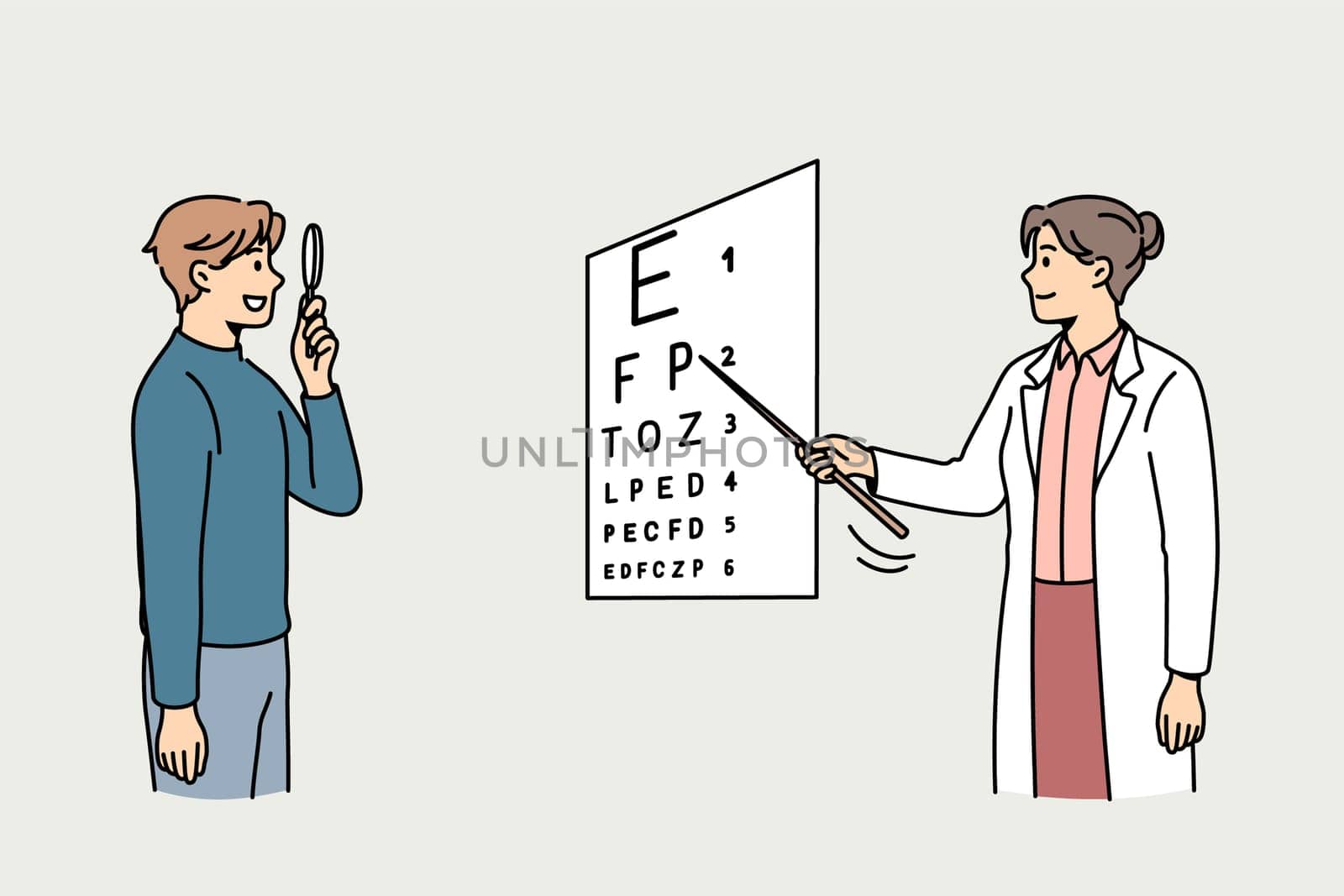 Eyesight check and healthcare concept. Young woman doctor in uniform standing showing letters to man patient examining his vision vector illustration