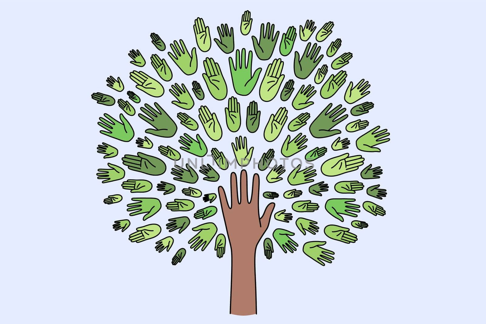 Unity, togetherness and ecology concept. Human hand forming tree with green crown consisting of various hands vector illustration