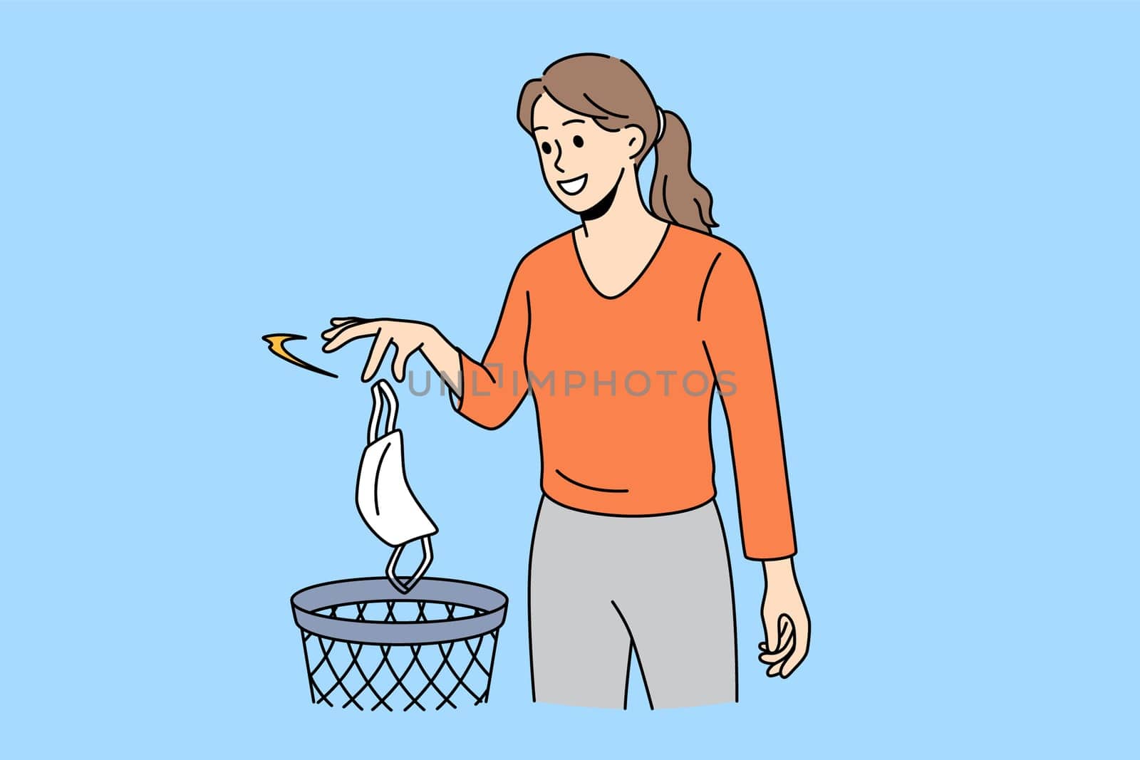 End of coronavirus pandemic concept. Young smiling woman cartoon character standing and throwing away protective medical mask vector illustration
