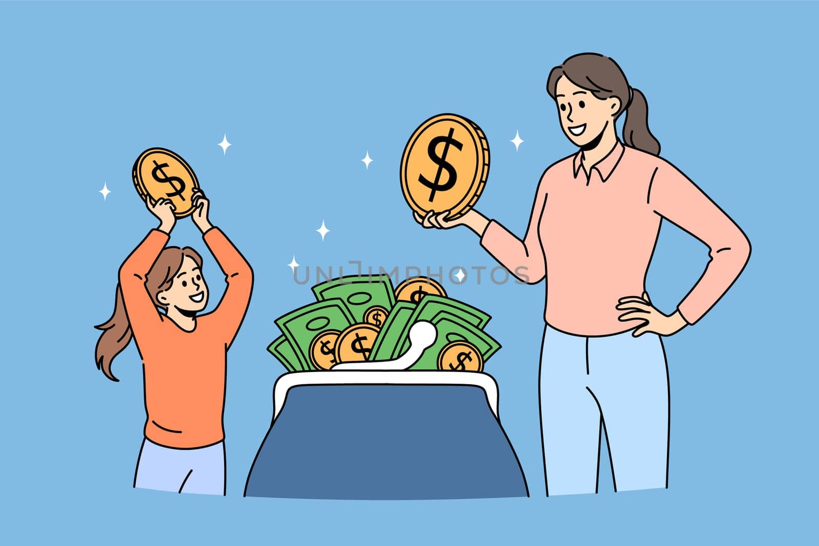 Wealth savings and budget concept. Smiling happy mother and daughter standing taking golden coins out of purse wallet vector illustration
