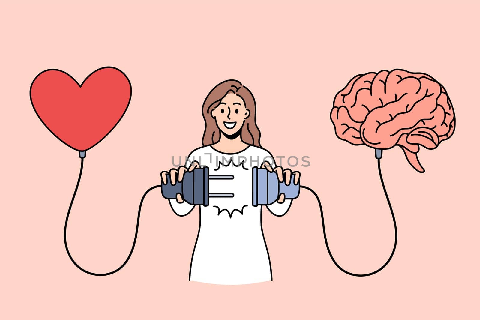 Love and positive emotions concept. Young smiling woman cartoon character standing connecting charging red heart and brain vector illustration