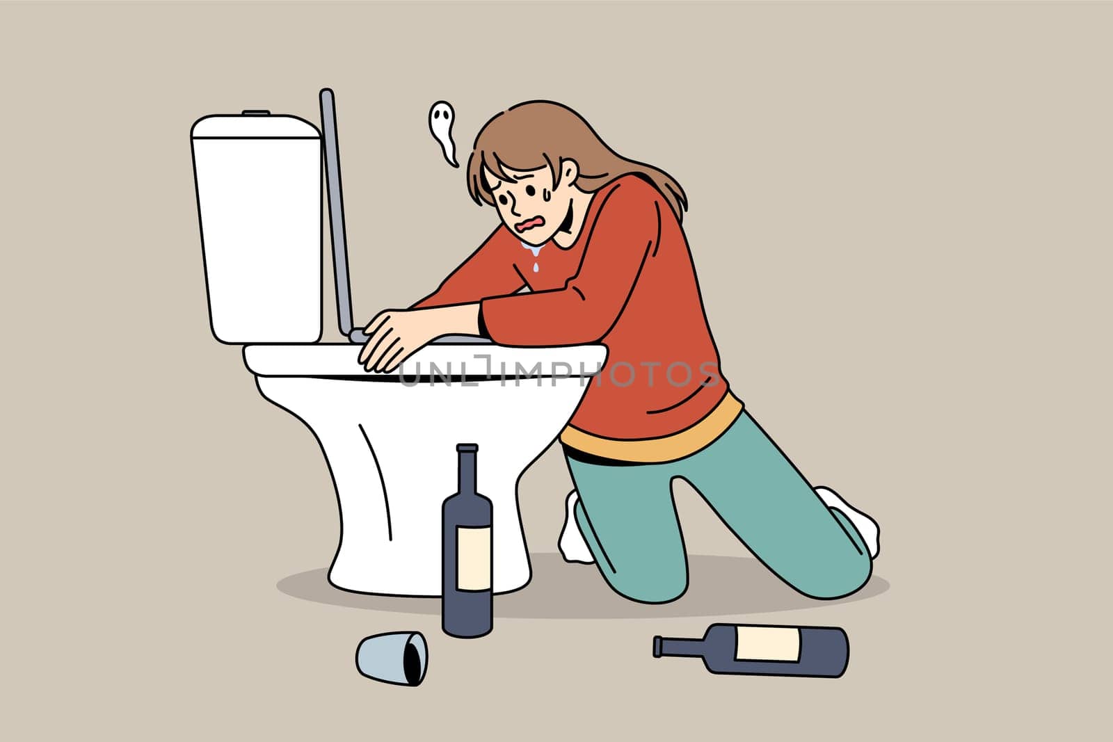 Having hangover after party concept. Young woman cartoon character sitting on knees embracing toilet with bottles of wine standing on floor feeling sick vector illustration