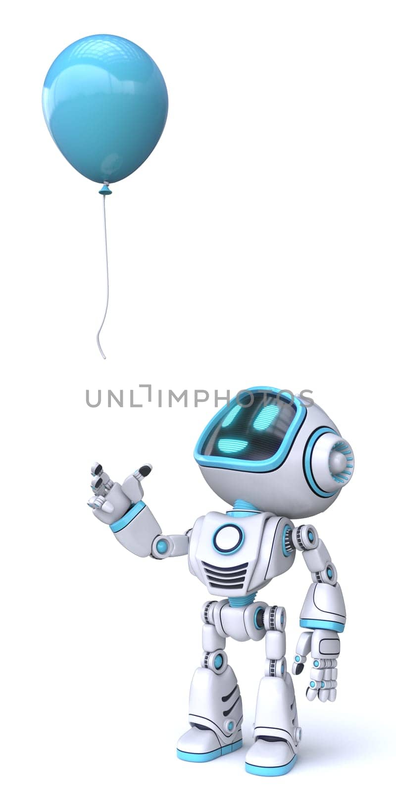 Cute blue robot look at flying balloon 3D rendering illustration isolated on white background