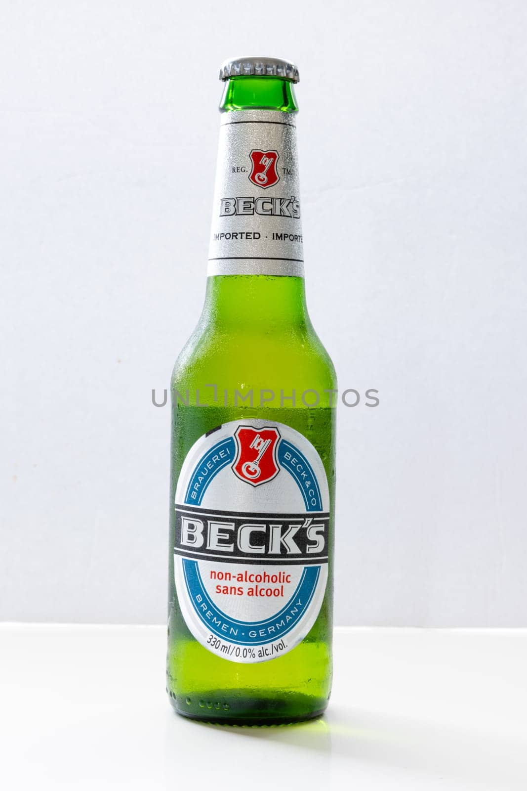 Calgary, Alberta, Canada. Nov 2, 2021. A bottle of Beck's Non-Alcoholic Beer on a clear background.